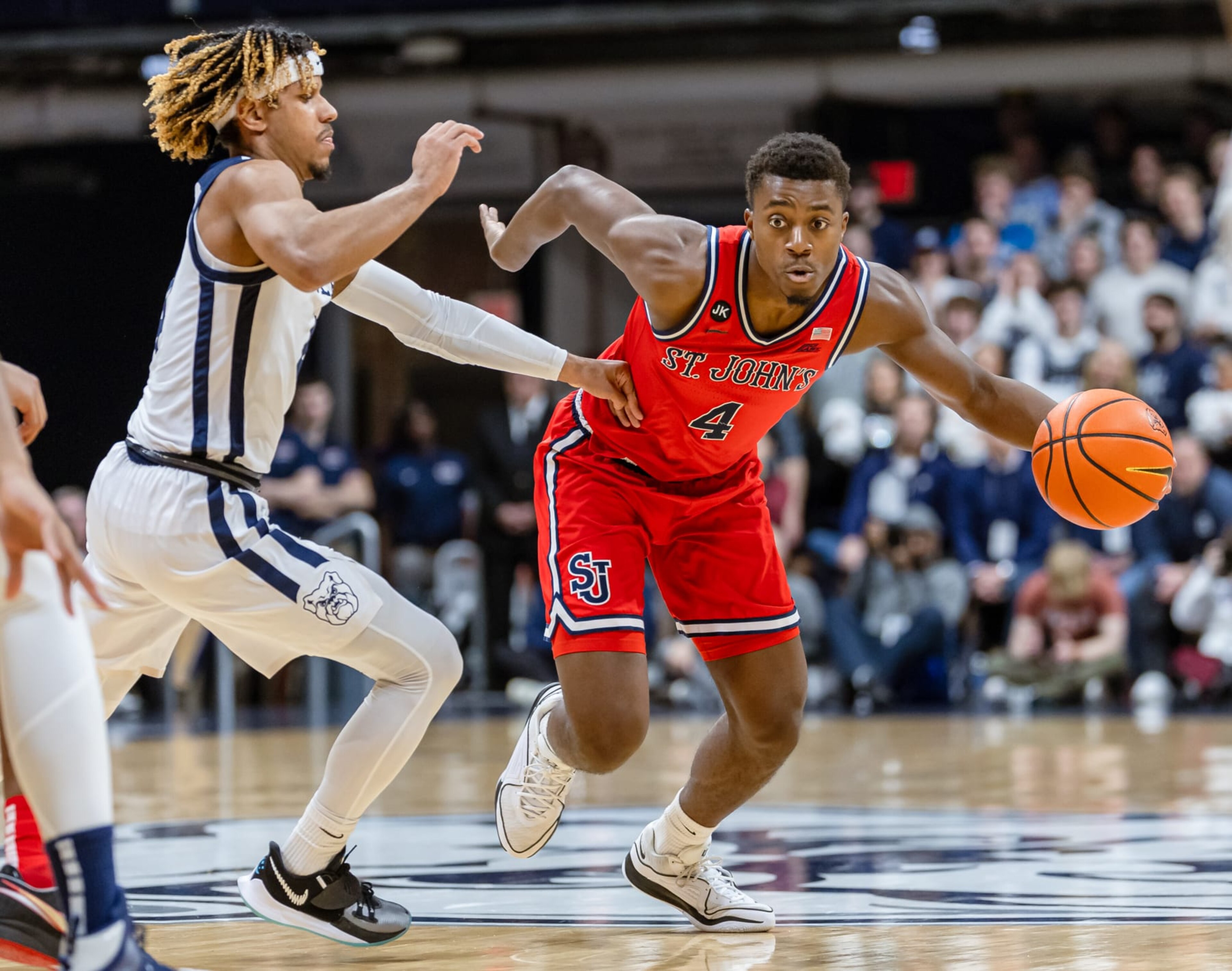 INDIANAPOLIS, INDIANA - FEBRUARY 28: Nahiem Alleyne #4 of the St. John's Red Storm dribbles during the game against the Butler Bulldogs at Hinkle Fieldhouse on February 28, 2024 in Indianapolis, Indiana. (Photo by Michael Hickey/Getty Images) INDIANAPOLIS, INDIANA - FEBRUARY 28: Nahiem Alleyne #4 of the St. John's Red Storm dribbles during the game against the Butler Bulldogs at Hinkle Fieldhouse on February 28, 2024 in Indianapolis, Indiana. (Photo by Michael Hickey/Getty Images)