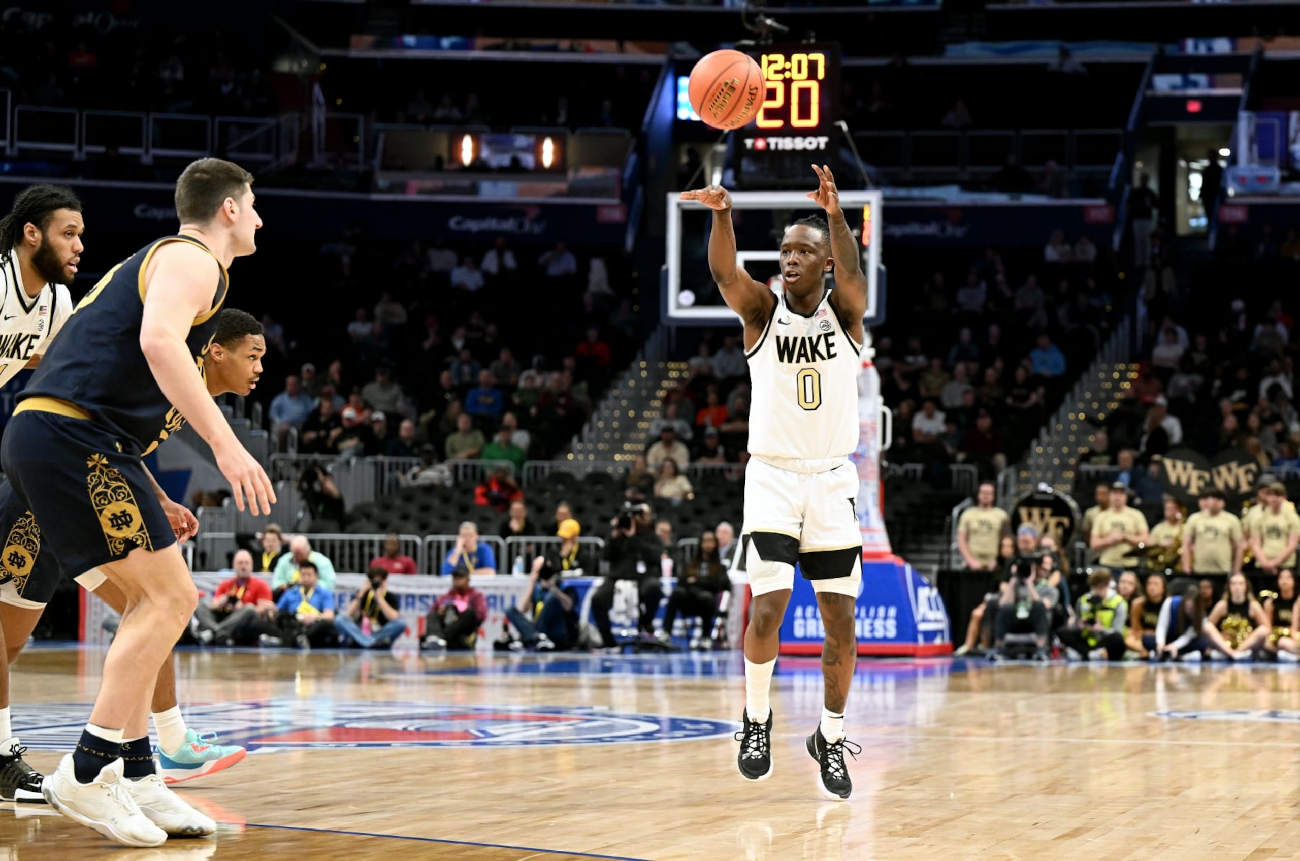 WASHINGTON, DC - MARCH 13: Kevin Miller #0 of the Wake Forest Demon Deacons shoots the ball in the first half against the Notre Dame Fighting Irish in the Second Round of the ACC Men's Basketball Tournament at Capital One Arena on March 13, 2024 in Washington, DC. (Photo by Greg Fiume/Getty Images) WASHINGTON, DC - MARCH 13: Kevin Miller #0 of the Wake Forest Demon Deacons shoots the ball in the first half against the Notre Dame Fighting Irish in the Second Round of the ACC Men's Basketball Tournament at Capital One Arena on March 13, 2024 in Washington, DC. (Photo by Greg Fiume/Getty Images)