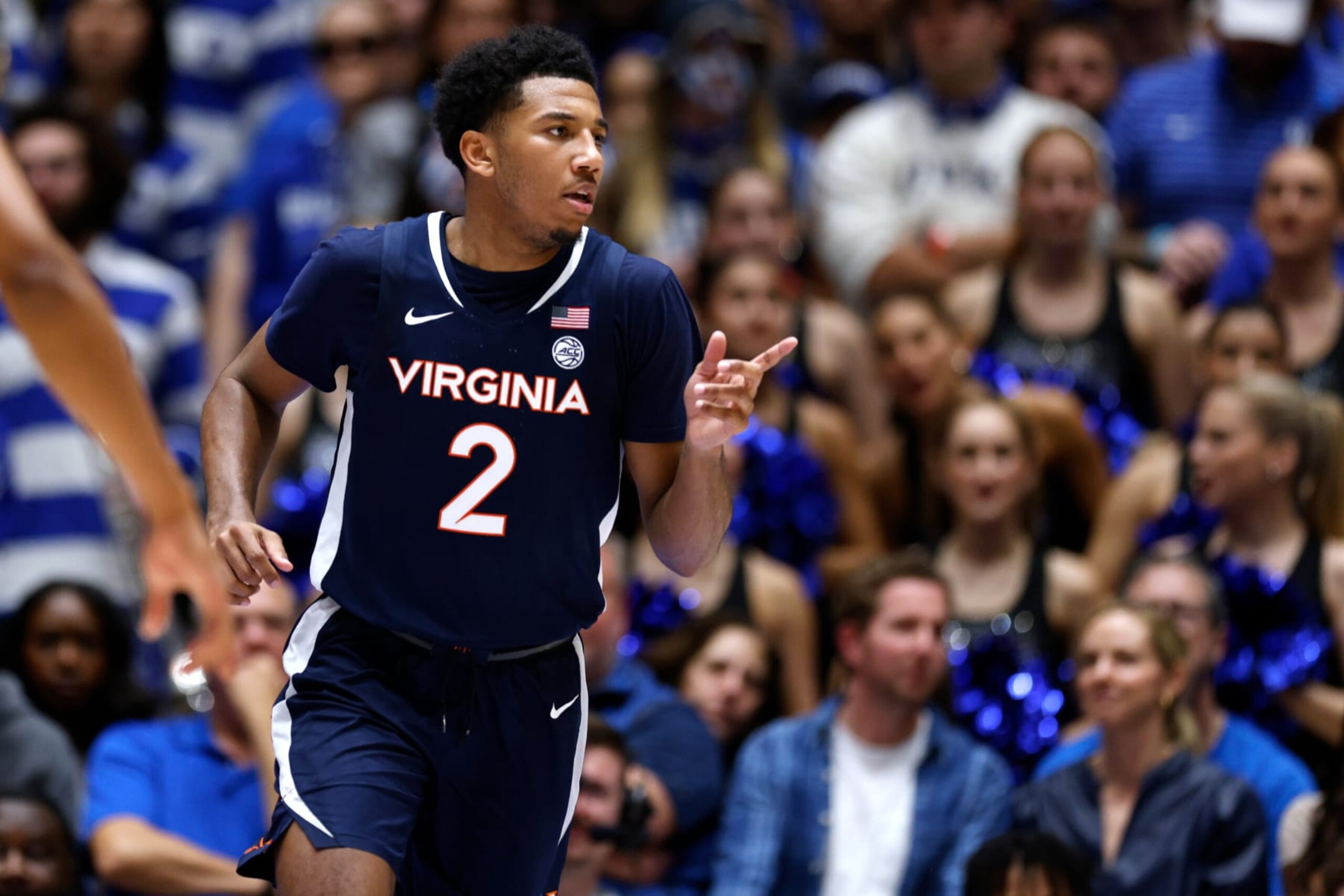 DURHAM, NORTH CAROLINA - MARCH 2: Reece Beekman #2 of the Virginia Cavaliers reacts following a basket during the second half of the game against the Duke Blue Devils at Cameron Indoor Stadium on March 2, 2024 in Durham, North Carolina. Duke won 73-48. (Photo by Lance King/Getty Images) DURHAM, NORTH CAROLINA - MARCH 2: Reece Beekman #2 of the Virginia Cavaliers reacts following a basket during the second half of the game against the Duke Blue Devils at Cameron Indoor Stadium on March 2, 2024 in Durham, North Carolina. Duke won 73-48. (Photo by Lance King/Getty Images)