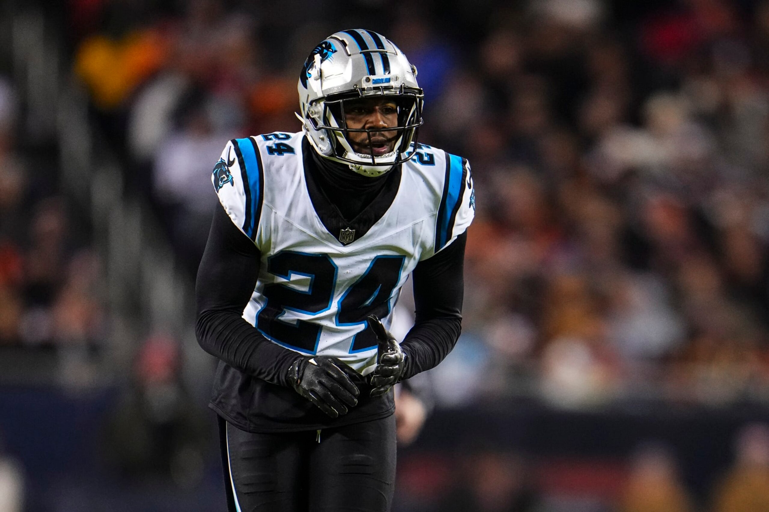 CHICAGO, IL - NOVEMBER 09: Vonn Bell #24 of the Carolina Panthers looks on from the field during an NFL football game against the Chicago Bears at Soldier Field on November 9, 2023 in Chicago, Illinois. (Photo by Cooper Neill/Getty Images)
