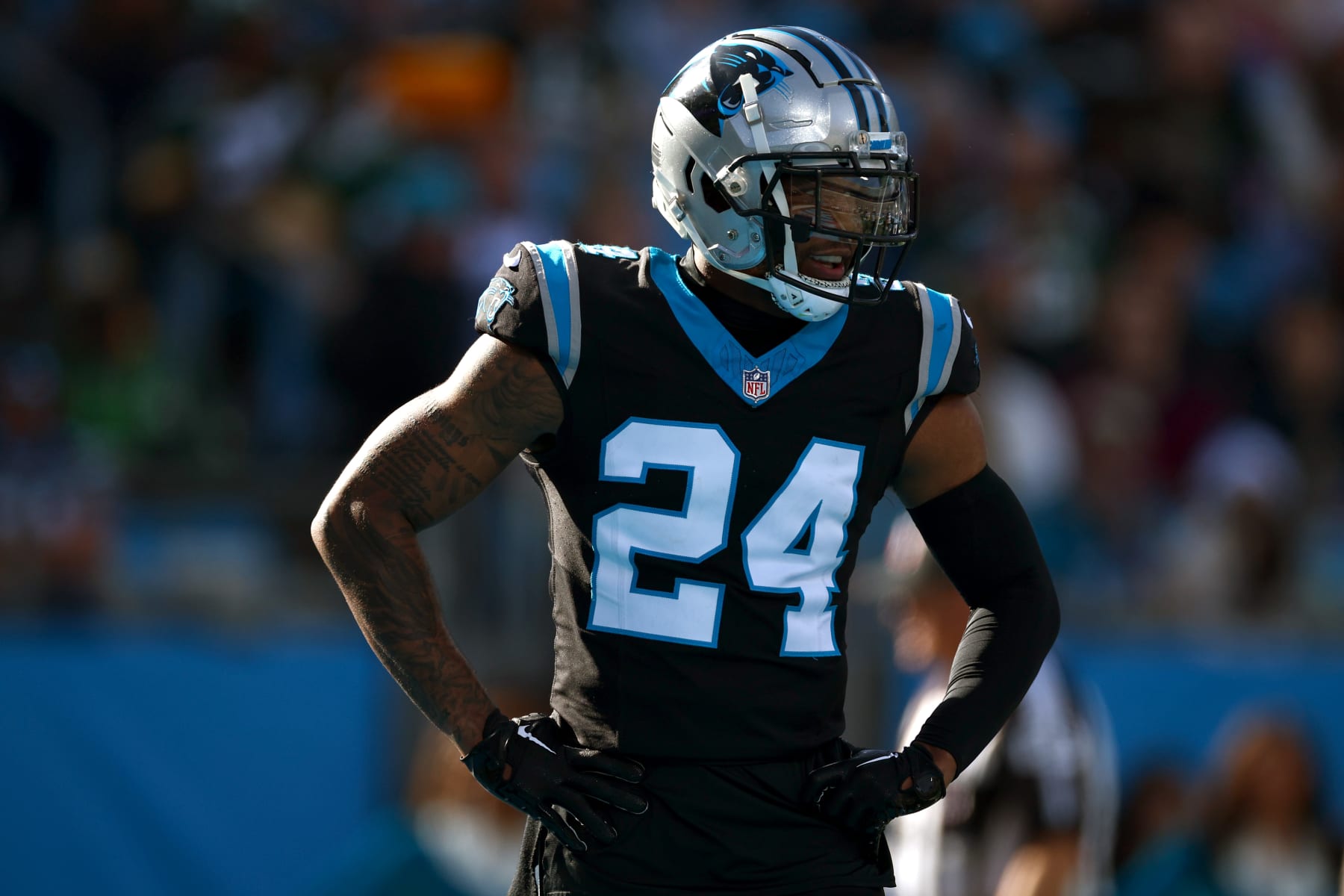 CHARLOTTE, NORTH CAROLINA - DECEMBER 24: Vonn Bell #24 of the Carolina Panthers looks on during the first half of the game against the Green Bay Packers at Bank of America Stadium on December 24, 2023 in Charlotte, North Carolina. (Photo by Jared C. Tilton/Getty Images)