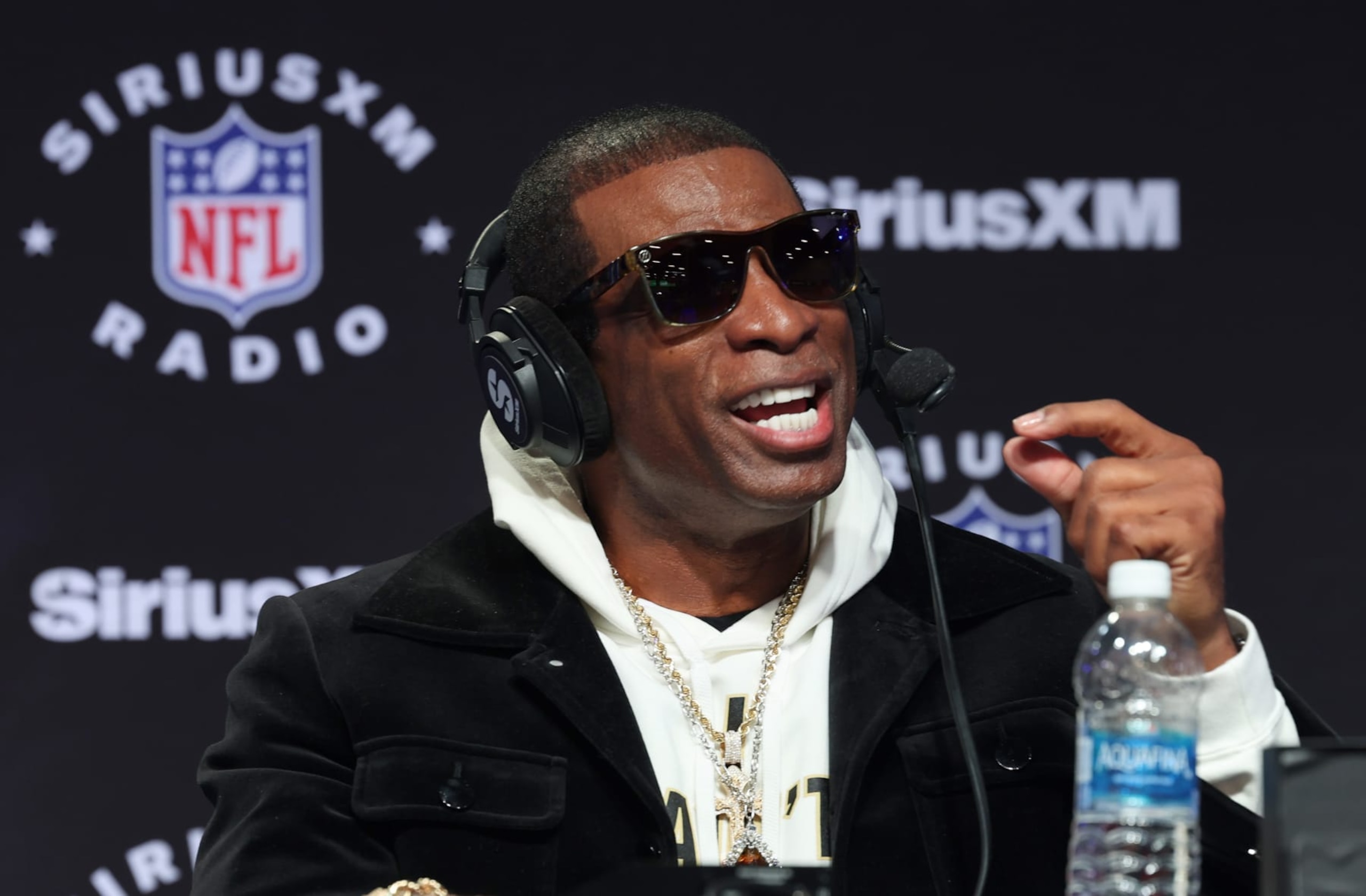 LAS VEGAS, NEVADA - FEBRUARY 08: Deion "Coach Prime" Sanders speaks on SiriusXM at Super Bowl LVIII on February 08, 2024 in Las Vegas, Nevada. (Photo by Cindy Ord/Getty Images for SiriusXM)