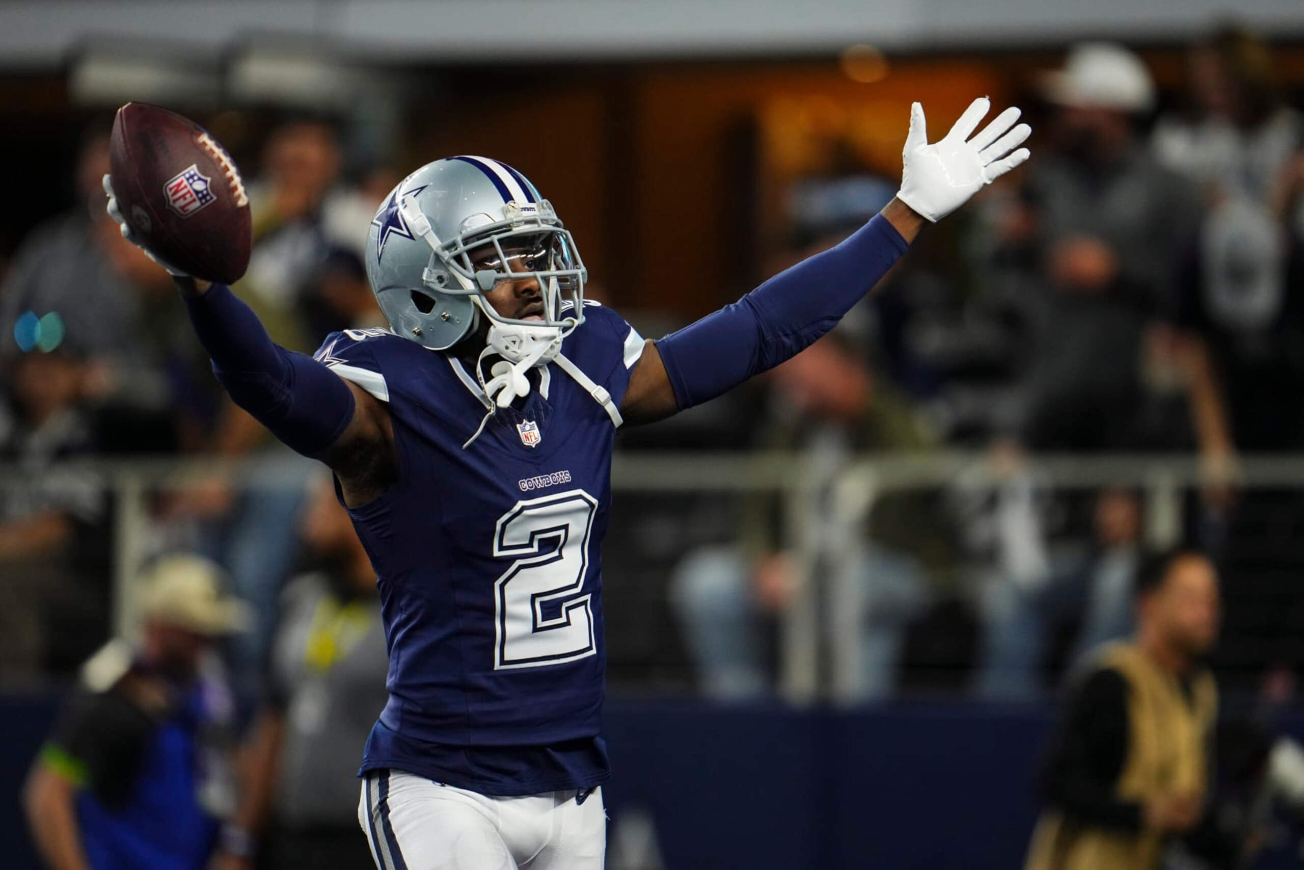 ARLINGTON, TX - DECEMBER 30: Jourdan Lewis #2 of the Dallas Cowboys celebrates during an NFL football game against the Detroit Lions at AT&T Stadium on December 30, 2023 in Arlington, Texas. (Photo by Cooper Neill/Getty Images)