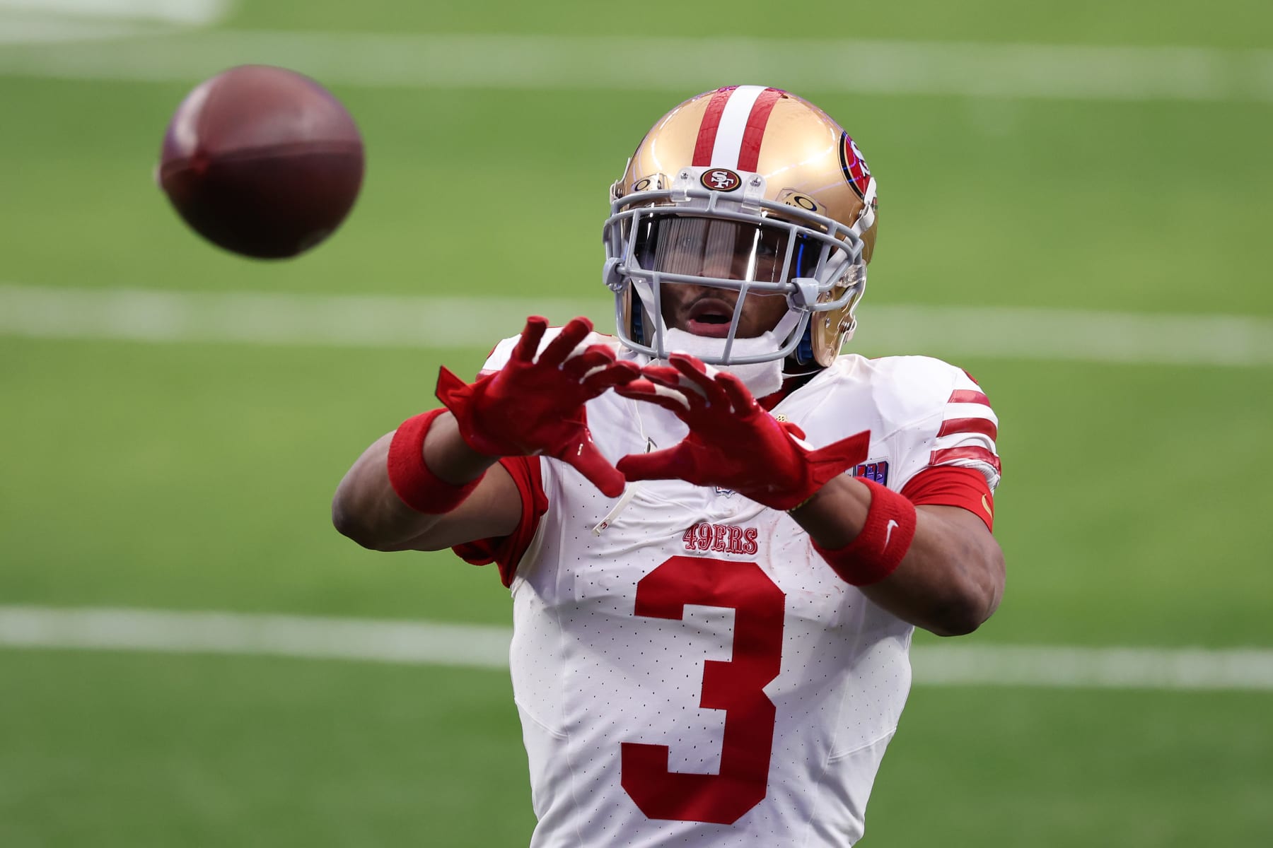 LAS VEGAS, NEVADA - FEBRUARY 11: Ray-Ray McCloud III #3 of the San Francisco 49ers warms up prior to Super Bowl LVIII against the Kansas City Chiefs at Allegiant Stadium on February 11, 2024 in Las Vegas, Nevada. (Photo by Steph Chambers/Getty Images) LAS VEGAS, NEVADA - FEBRUARY 11: Ray-Ray McCloud III #3 of the San Francisco 49ers warms up prior to Super Bowl LVIII against the Kansas City Chiefs at Allegiant Stadium on February 11, 2024 in Las Vegas, Nevada. (Photo by Steph Chambers/Getty Images)
