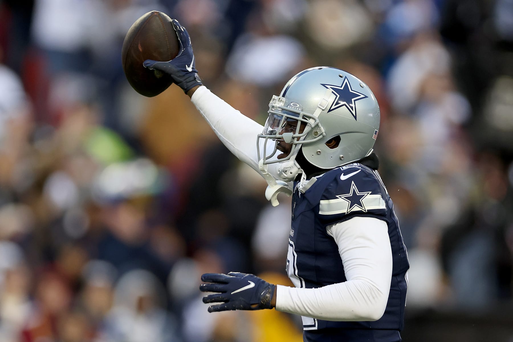 LANDOVER, MARYLAND - JANUARY 07: Jourdan Lewis #2 of the Dallas Cowboys celebrates after a turnover during the first quarter against the Washington Commanders at FedExField on January 07, 2024 in Landover, Maryland. (Photo by Scott Taetsch/Getty Images)