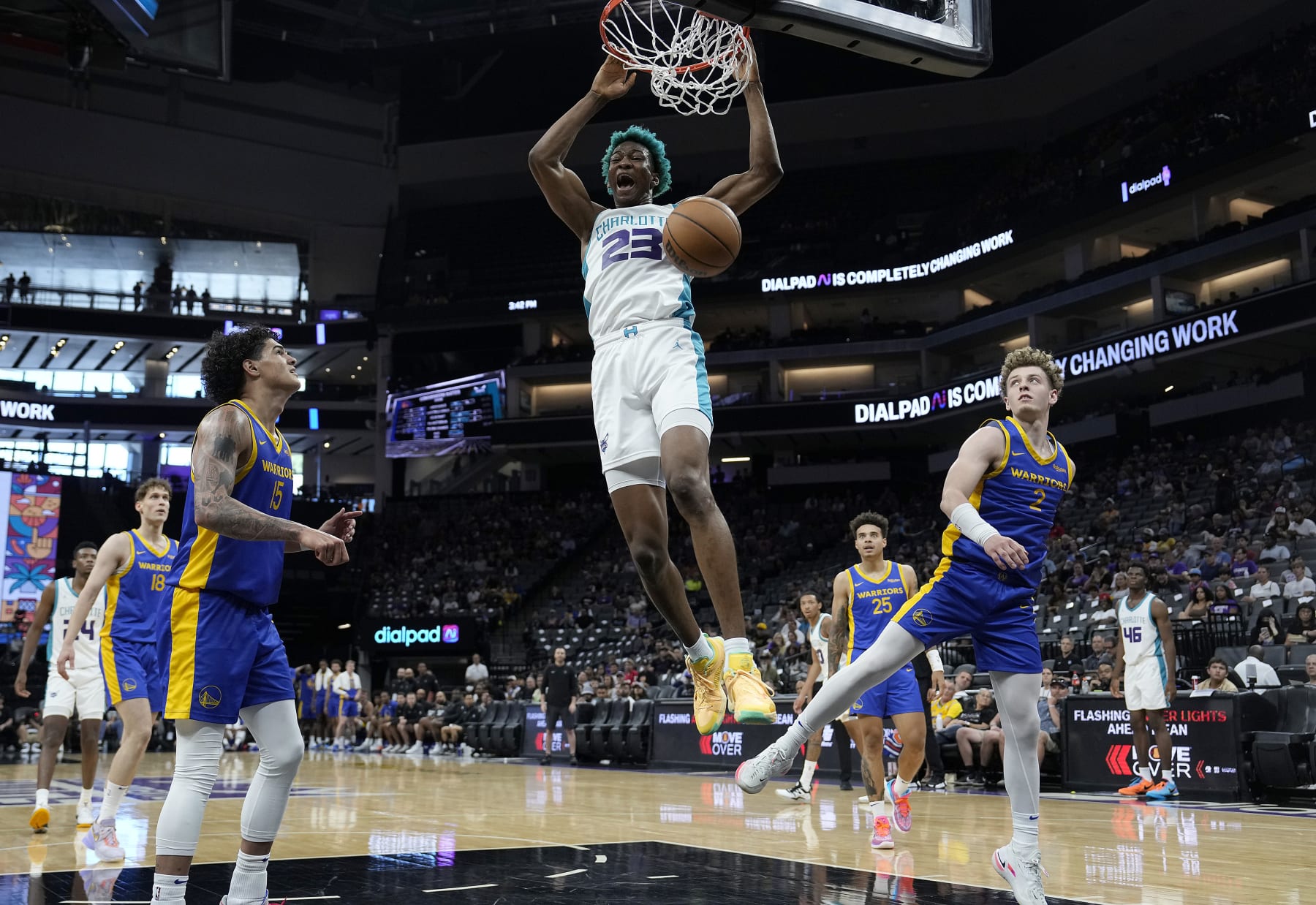 SACRAMENTO, CALIFORNIA - JULY 05: Kai Jones #23 of the Charlotte Hornets slam dunks against the Golden State Warriors in the first half during the 2023 NBA California Classic at Golden 1 Center on July 05, 2023 in Sacramento, California. NOTE TO USER: User expressly acknowledges and agrees that, by downloading and or using this photograph, User is consenting to the terms and conditions of the Getty Images License Agreement. (Photo by Thearon W. Henderson/Getty Images)