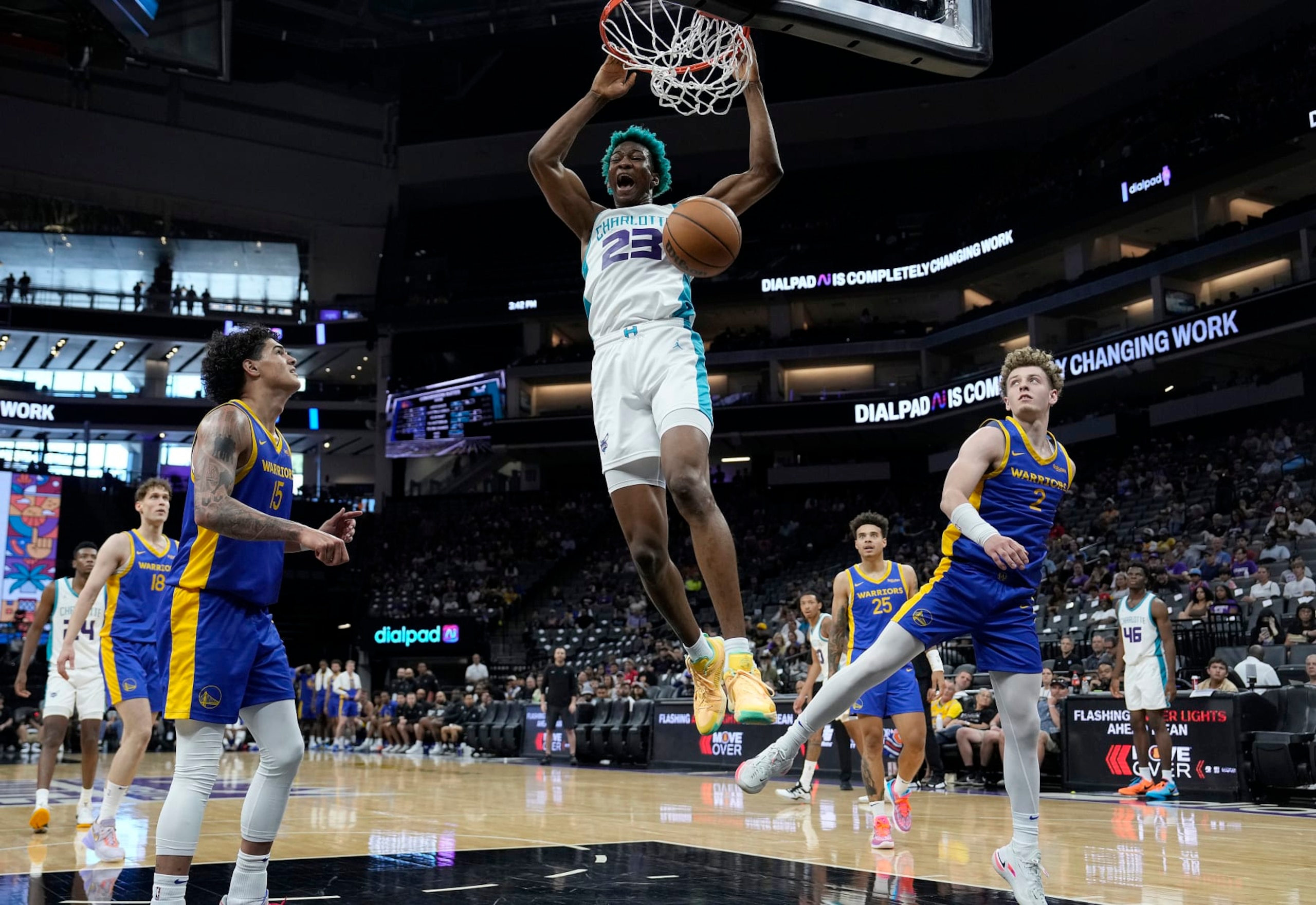 SACRAMENTO, CALIFORNIA - JULY 05: Kai Jones #23 of the Charlotte Hornets slam dunks against the Golden State Warriors in the first half during the 2023 NBA California Classic at Golden 1 Center on July 05, 2023 in Sacramento, California. NOTE TO USER: User expressly acknowledges and agrees that, by downloading and or using this photograph, User is consenting to the terms and conditions of the Getty Images License Agreement. (Photo by Thearon W. Henderson/Getty Images) SACRAMENTO, CALIFORNIA - JULY 05: Kai Jones #23 of the Charlotte Hornets slam dunks against the Golden State Warriors in the first half during the 2023 NBA California Classic at Golden 1 Center on July 05, 2023 in Sacramento, California. NOTE TO USER: User expressly acknowledges and agrees that, by downloading and or using this photograph, User is consenting to the terms and conditions of the Getty Images License Agreement. (Photo by Thearon W. Henderson/Getty Images)