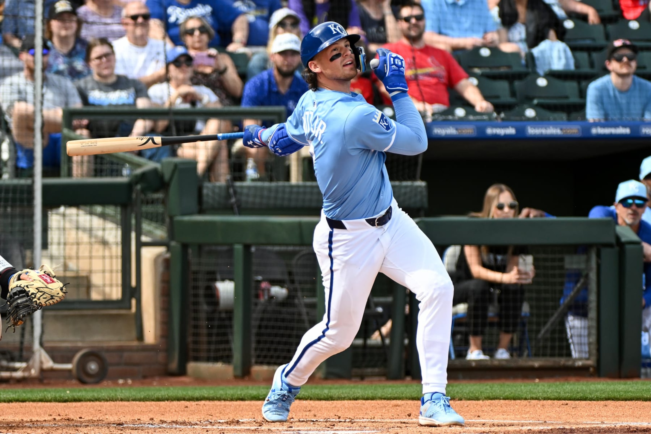 SURPRISE, ARIZONA - FEBRUARY 24, 2024: Bobby Witt Jr. #7 of the Kansas City Royals bats during the first inning of a spring training game against the Texas Rangers at Surprise Stadium on February 24, 2024 in Surprise, Arizona. (Photo by David Durochik/Diamond Images via Getty Images)