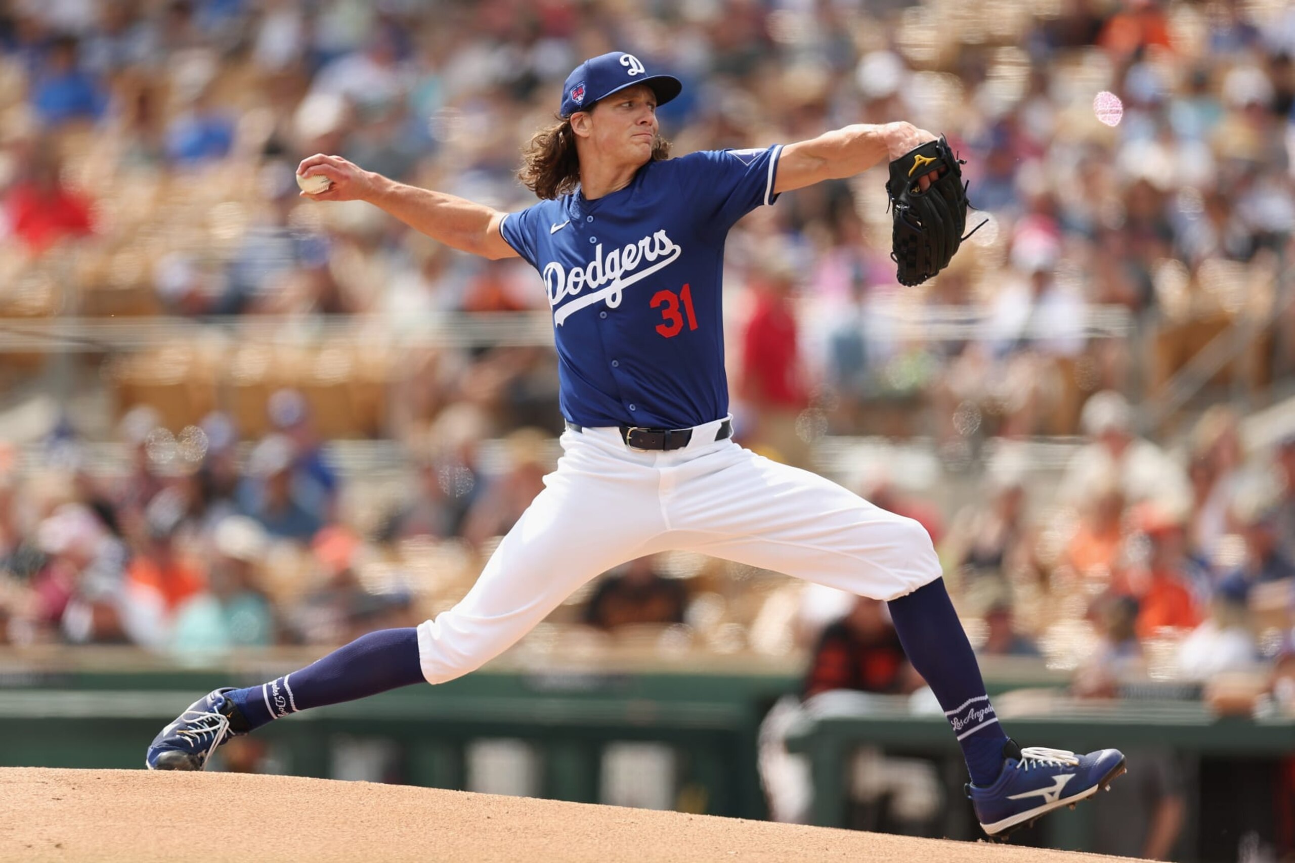 GLENDALE, ARIZONA - MARCH 12: Starting pitcher Tyler Glasnow #31 of the Los Angeles Dodgers pitches against the San Francisco Giants during the first inning of the MLB spring game at Camelback Ranch on March 12, 2024 in Glendale, Arizona. (Photo by Christian Petersen/Getty Images)
