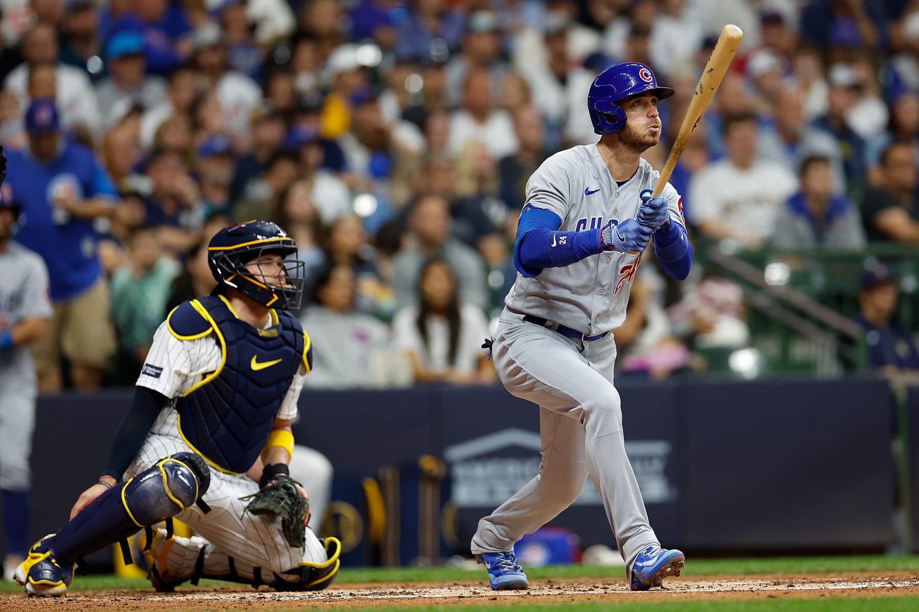 MILWAUKEE, WISCONSIN - SEPTEMBER 30: Cody Bellinger #24 of the Chicago Cubs hits a run-scoring double in the fourth inning against the Milwaukee Brewers at American Family Field on September 30, 2023 in Milwaukee, Wisconsin. (Photo by John Fisher/Getty Images)