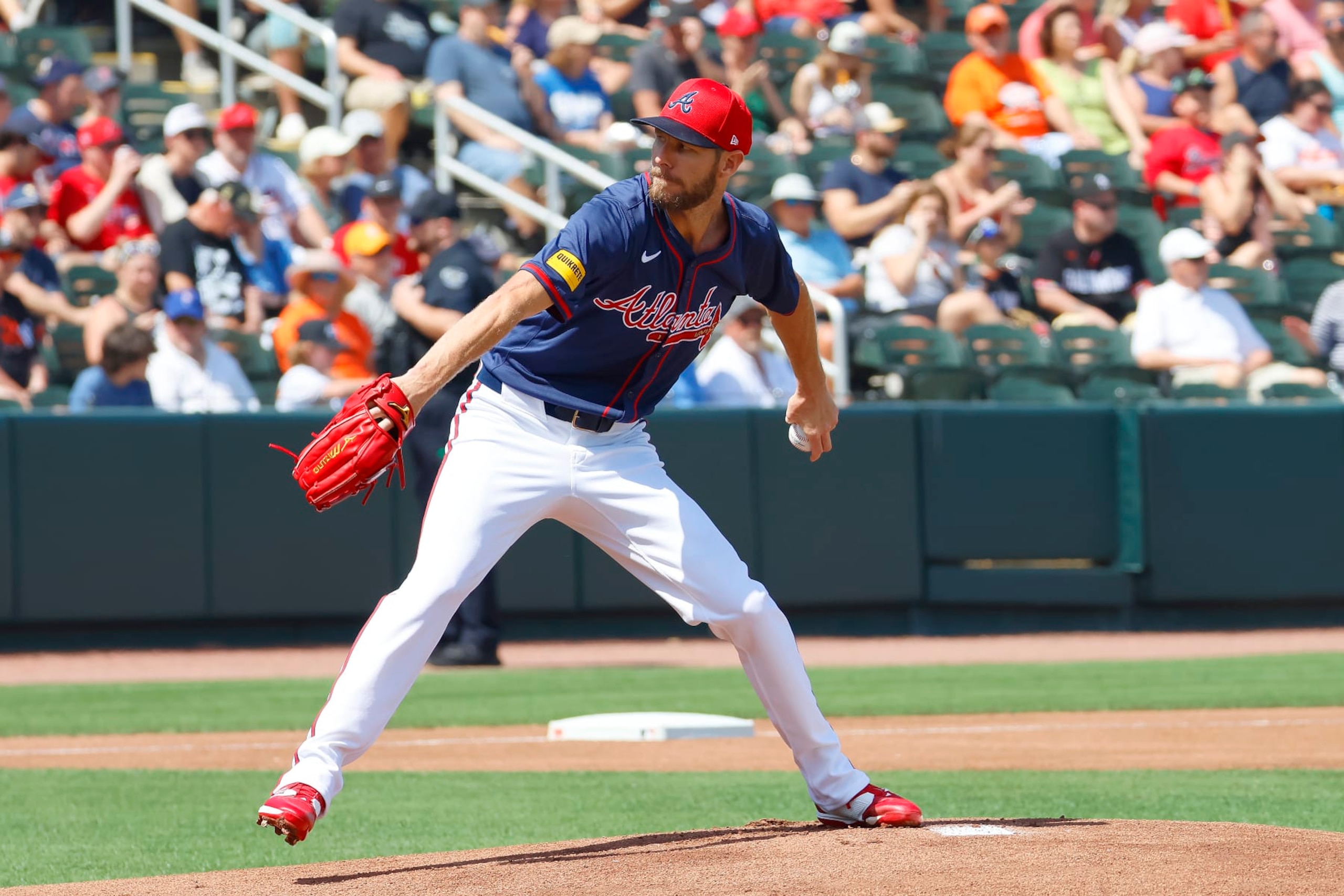 NORTH PORT, FL - MARCH 09: Atlanta Braves starting pitcher Chris Sale (51) delivers a pitch during the Saturday afternoon Spring Training baseball game between the Atlanta Braves and the Baltimore Orioles on March 9, 2024 at CoolToday Park in North Port, Florida.  (Photo by David J. Griffin/Icon Sportswire via Getty Images)
