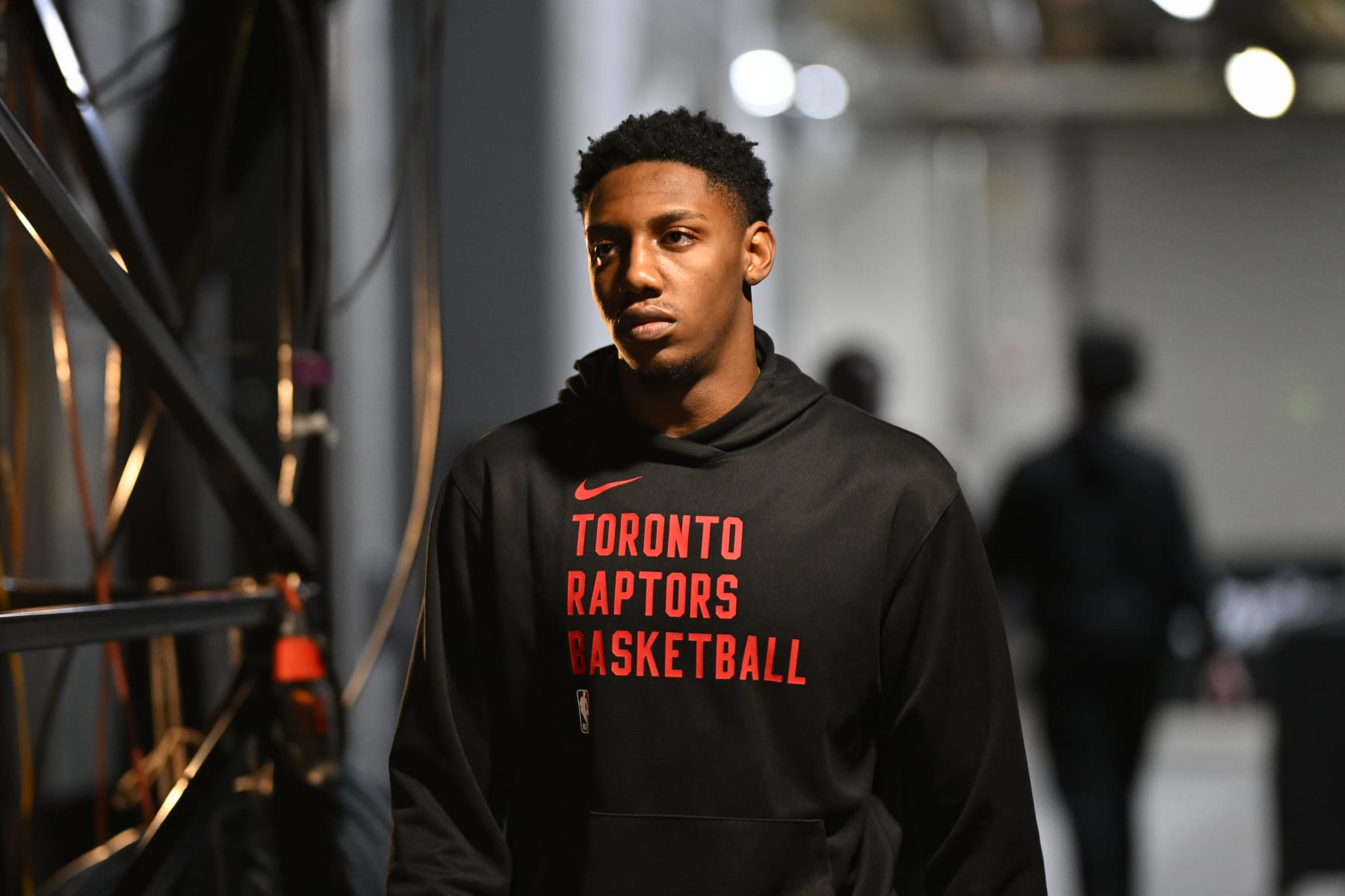 PORTLAND, OREGON - MARCH 09: RJ Barrett #9 of the Toronto Raptors walks through the hallway before the game against the Portland Trail Blazers at the Moda Center on March 09, 2024 in Portland, Oregon. NOTE TO USER: User expressly acknowledges and agrees that, by downloading and or using this photograph, User is consenting to the terms and conditions of the Getty Images License Agreement. (Photo by Alika Jenner/Getty Images)