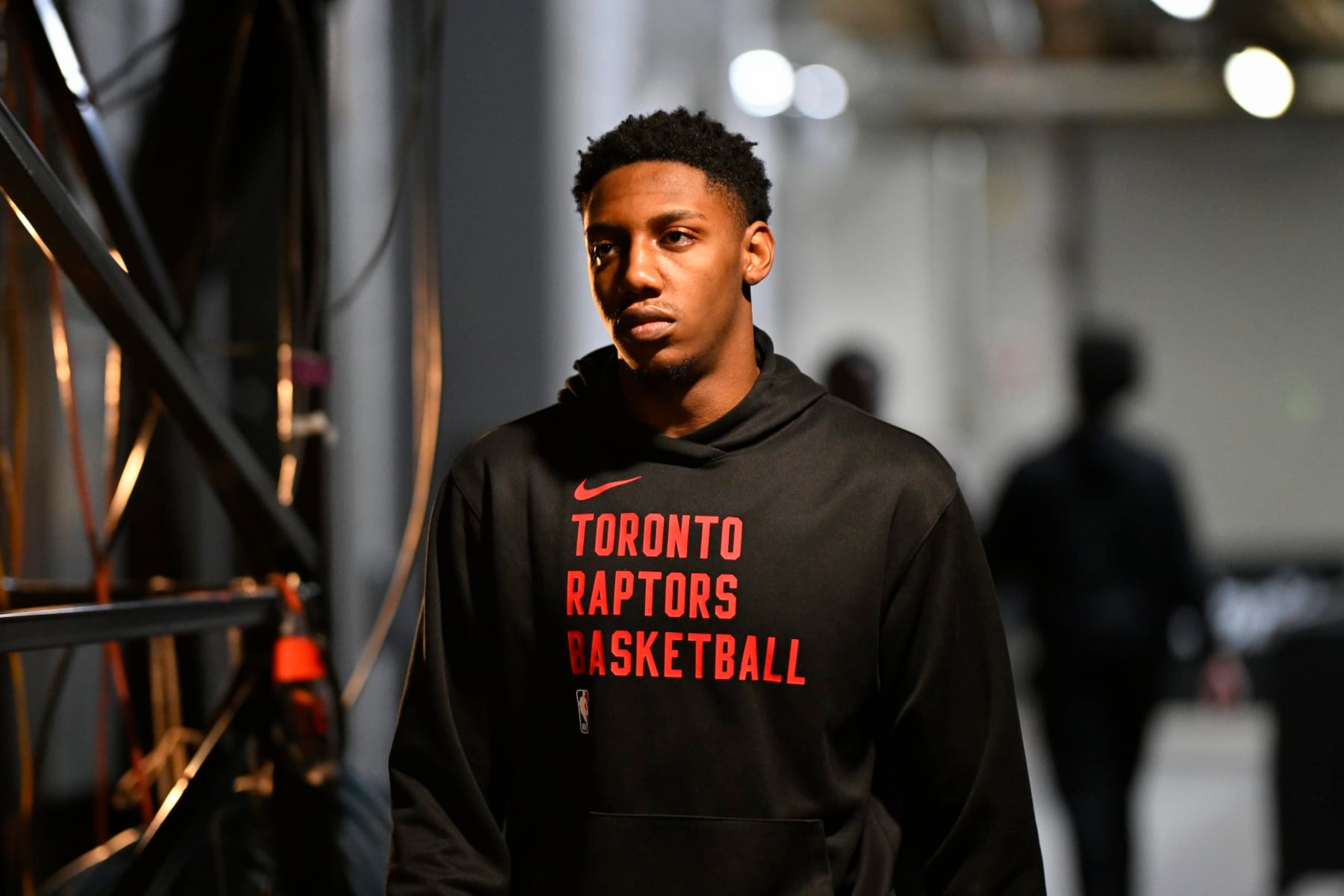 PORTLAND, OREGON - MARCH 09: RJ Barrett #9 of the Toronto Raptors walks through the hallway before the game against the Portland Trail Blazers at the Moda Center on March 09, 2024 in Portland, Oregon. NOTE TO USER: User expressly acknowledges and agrees that, by downloading and or using this photograph, User is consenting to the terms and conditions of the Getty Images License Agreement. (Photo by Alika Jenner/Getty Images)
