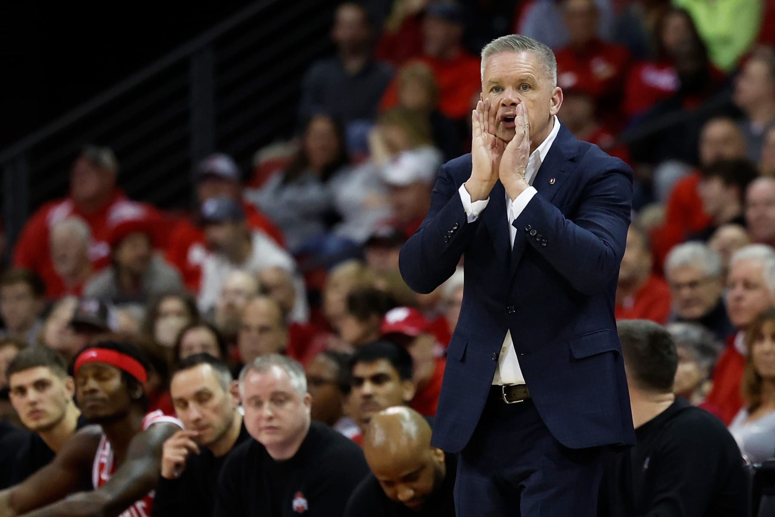 MADISON, WISCONSIN - FEBRUARY 13:  Head coach Chris Holtmann of the Ohio State Buckeyes directs his team in the second half against the Wisconsin Badgers at Kohl Center on February 13, 2024 in Madison, Wisconsin. (Photo by John Fisher/Getty Images)