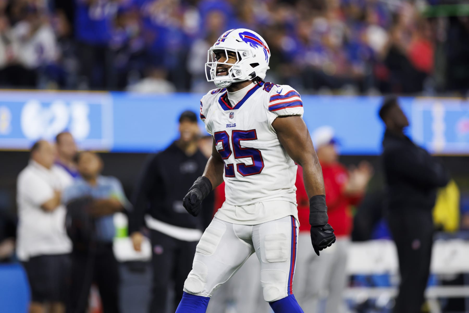 INGLEWOOD, CA - DECEMBER 23: Tyrel Dodson #25 of the Buffalo Bills celebrates after a play during an NFL football game against the Los Angeles Chargers at SoFi Stadium on December 23, 2023 in Inglewood, California. (Photo by Ryan Kang/Getty Images)