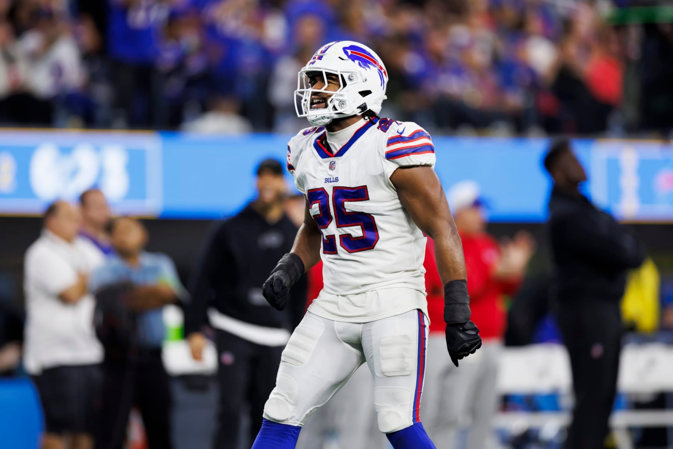 INGLEWOOD, CA - DECEMBER 23: Tyrel Dodson #25 of the Buffalo Bills celebrates after a play during an NFL football game against the Los Angeles Chargers at SoFi Stadium on December 23, 2023 in Inglewood, California. (Photo by Ryan Kang/Getty Images)