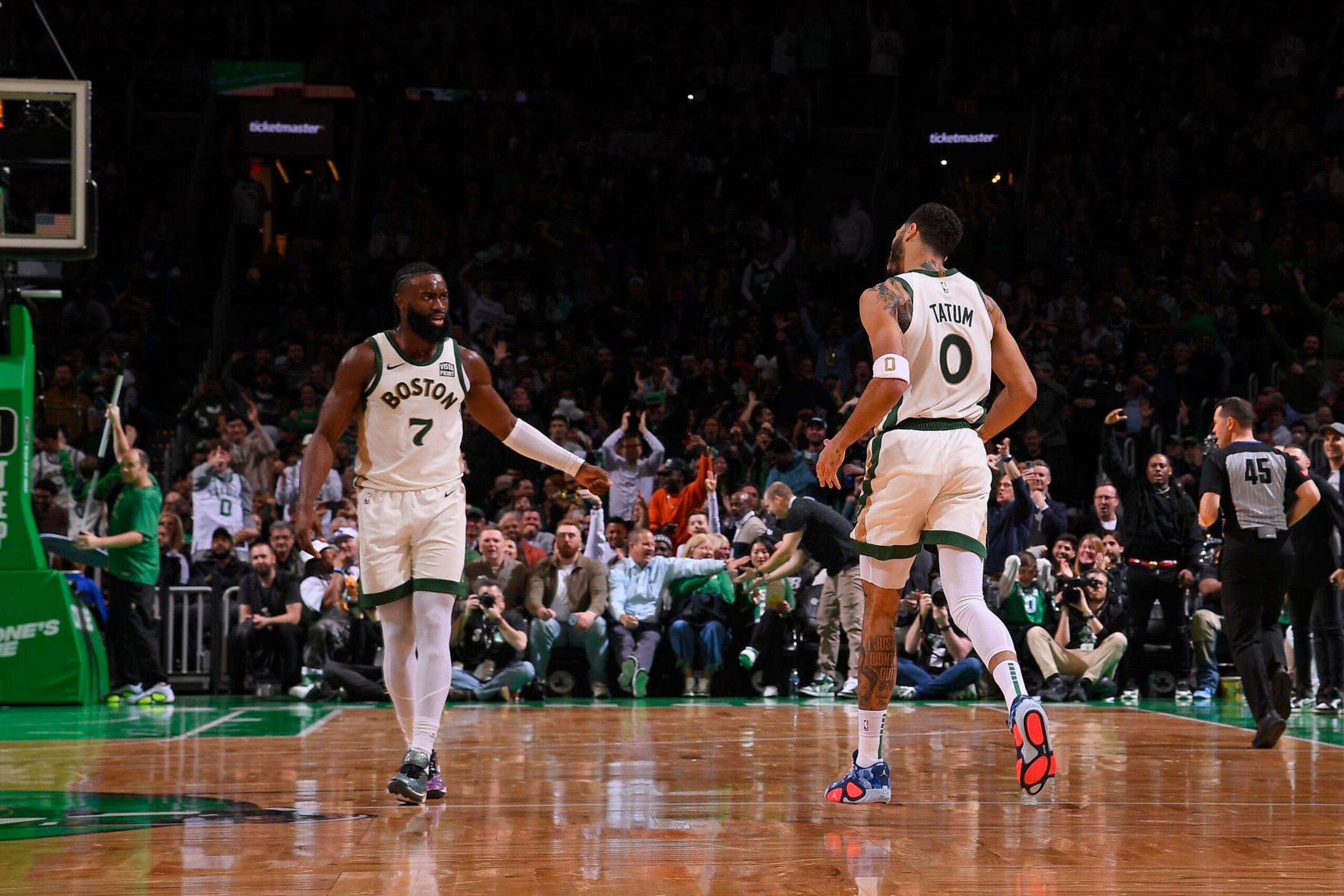 BOSTON, MA - MARCH 14: Jayson Tatum #0 and Jaylen Brown #7 of the Boston Celtics celebrates during the game against the Phoenix Suns on March 14, 2024 at the TD Garden in Boston, Massachusetts. NOTE TO USER: User expressly acknowledges and agrees that, by downloading and or using this photograph, User is consenting to the terms and conditions of the Getty Images License Agreement. Mandatory Copyright Notice: Copyright 2024 NBAE  (Photo by Brian Babineau/NBAE via Getty Images)