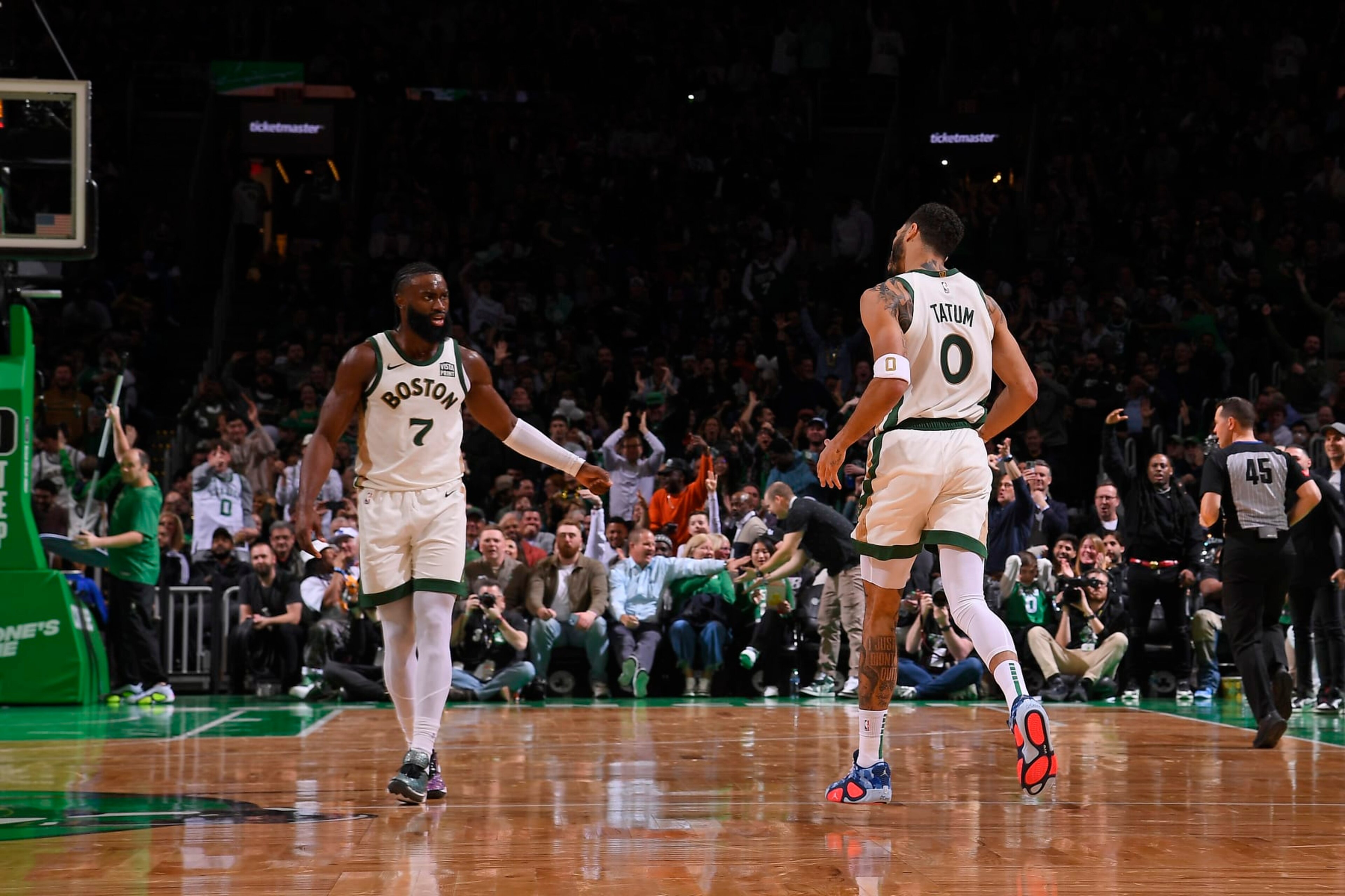 BOSTON, MA - MARCH 14: Jayson Tatum #0 and Jaylen Brown #7 of the Boston Celtics celebrates during the game against the Phoenix Suns on March 14, 2024 at the TD Garden in Boston, Massachusetts. NOTE TO USER: User expressly acknowledges and agrees that, by downloading and or using this photograph, User is consenting to the terms and conditions of the Getty Images License Agreement. Mandatory Copyright Notice: Copyright 2024 NBAE (Photo by Brian Babineau/NBAE via Getty Images) BOSTON, MA - MARCH 14: Jayson Tatum #0 and Jaylen Brown #7 of the Boston Celtics celebrates during the game against the Phoenix Suns on March 14, 2024 at the TD Garden in Boston, Massachusetts. NOTE TO USER: User expressly acknowledges and agrees that, by downloading and or using this photograph, User is consenting to the terms and conditions of the Getty Images License Agreement. Mandatory Copyright Notice: Copyright 2024 NBAE (Photo by Brian Babineau/NBAE via Getty Images)