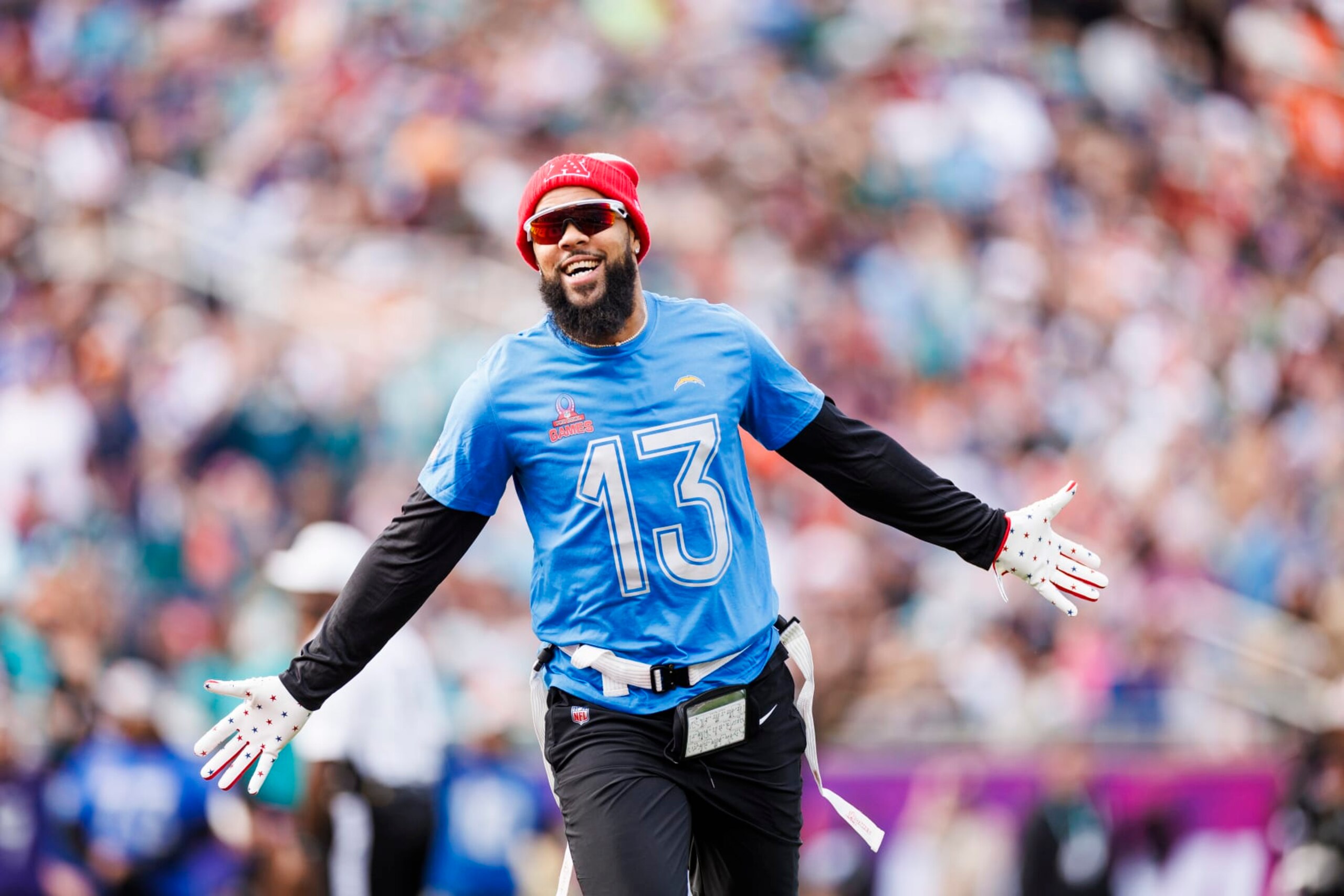 ORLANDO, FLORIDA - FEBRUARY 04: Keenan Allen #13 of the Los Angeles Chargers and AFC celebrates a touchdown during the 2024 NFL Pro Bowl at Camping World Stadium on February 04, 2024 in Orlando, Florida. (Photo by James Gilbert/Getty Images)
