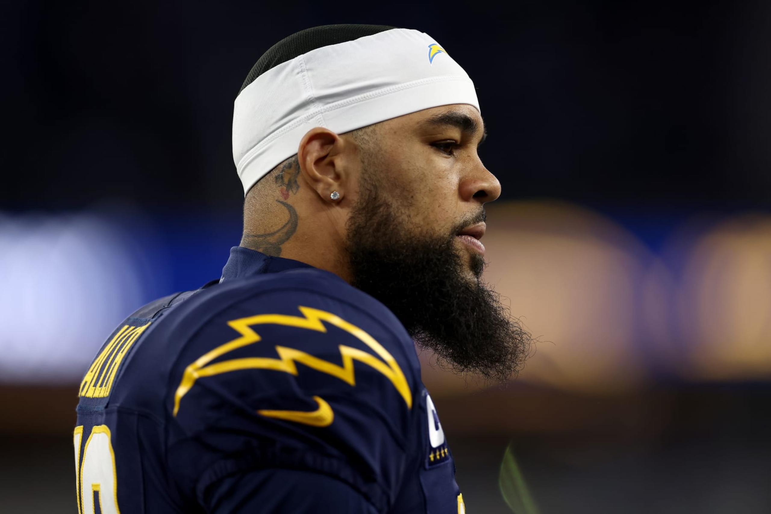 INGLEWOOD, CALIFORNIA - NOVEMBER 26: Keenan Allen #13 of the Los Angeles Chargers looks on prior to the game against the Baltimore Ravens at SoFi Stadium on November 26, 2023 in Inglewood, California. (Photo by Katelyn Mulcahy/Getty Images)