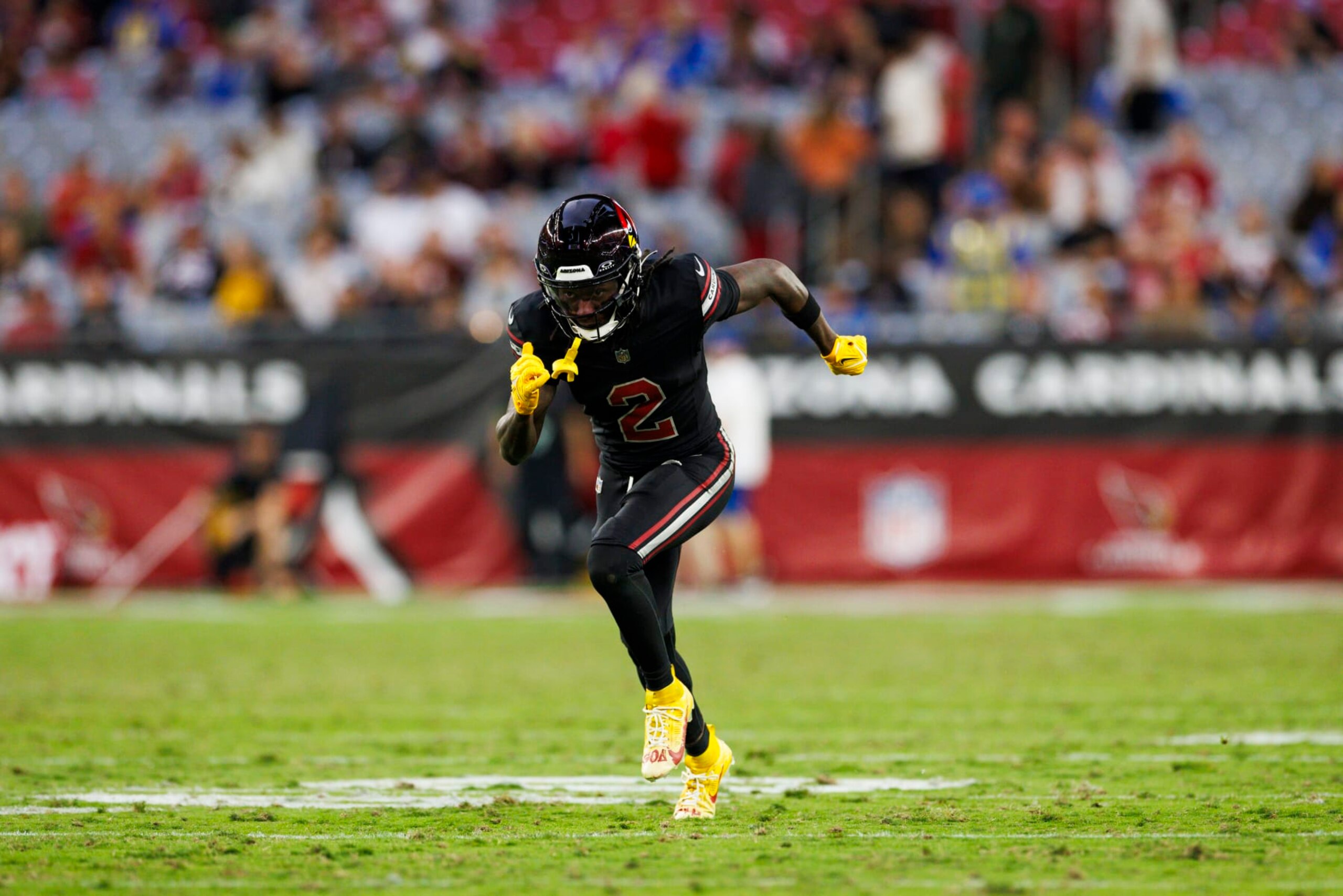 GLENDALE, ARIZONA - NOVEMBER 26: Marquise Brown #2 of the Arizona Cardinals runs a route during a game against the Los Angeles Rams at State Farm Stadium on November 26, 2023 in Glendale, Arizona. (Photo by Ric Tapia/Getty Images)