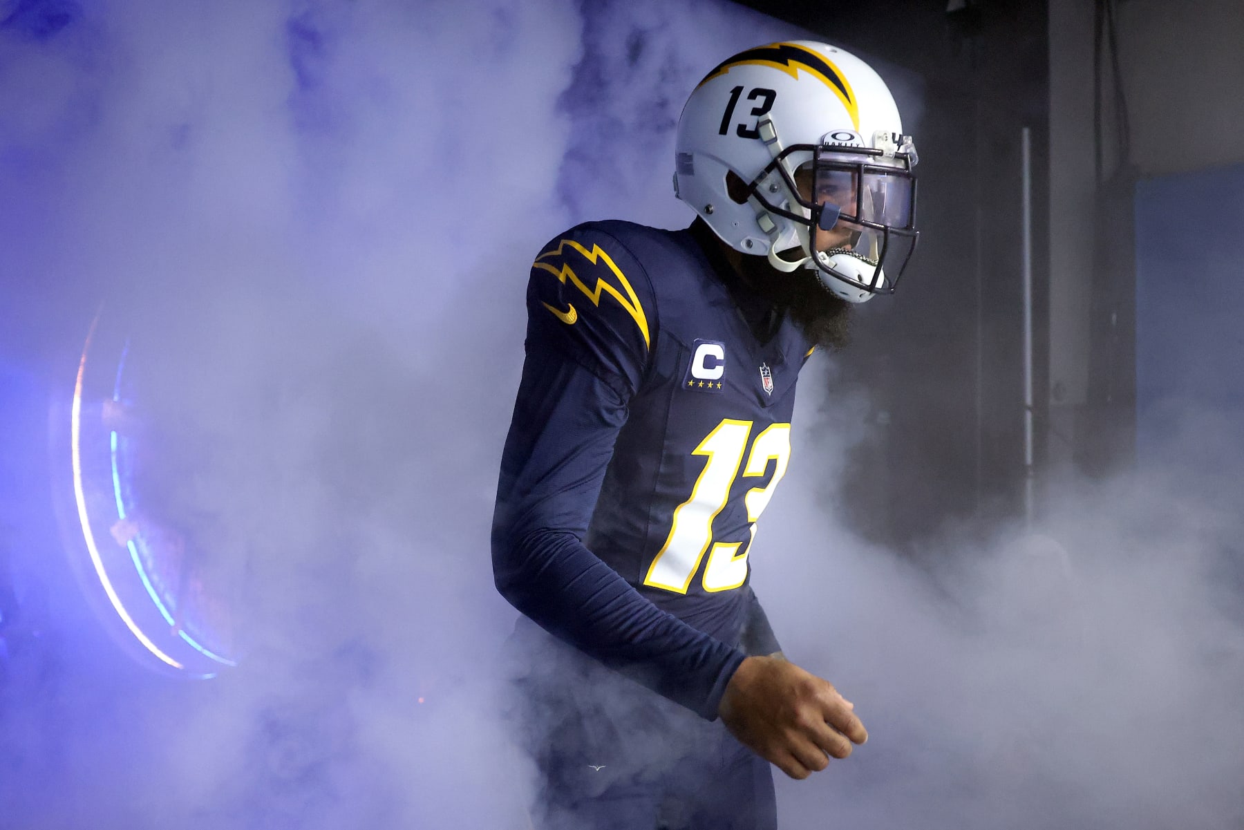 INGLEWOOD, CALIFORNIA - NOVEMBER 26: Keenan Allen #13 of the Los Angeles Chargers runs onto the field during team introductions prior to the game against the Baltimore Ravens at SoFi Stadium on November 26, 2023 in Inglewood, California. (Photo by Katelyn Mulcahy/Getty Images)