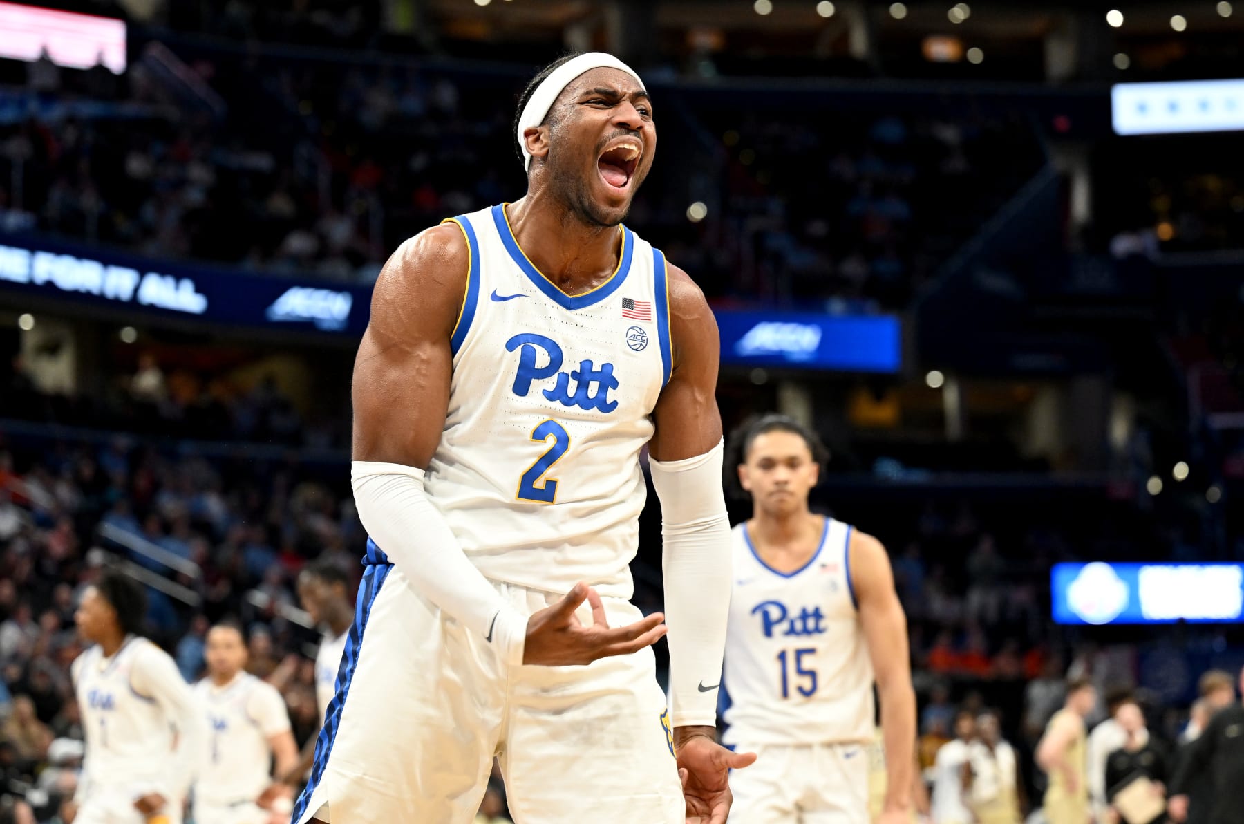 WASHINGTON, DC - MARCH 14: Blake Hinson #2 of the Pittsburgh Panthers celebrates in the first half against the Wake Forest Demon Deacons in the Quarterfinals of the ACC Men's Basketball Tournament  at Capital One Arena on March 14, 2024 in Washington, DC. (Photo by Greg Fiume/Getty Images)