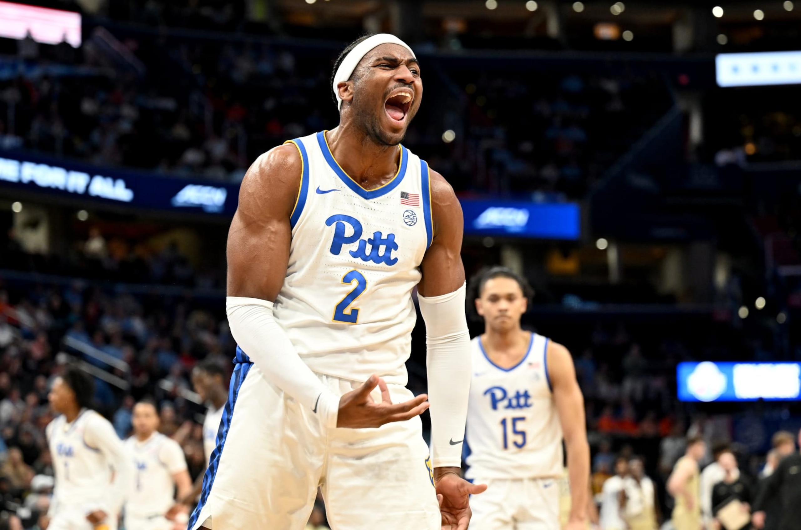 WASHINGTON, DC - MARCH 14: Blake Hinson #2 of the Pittsburgh Panthers celebrates in the first half against the Wake Forest Demon Deacons in the Quarterfinals of the ACC Men's Basketball Tournament  at Capital One Arena on March 14, 2024 in Washington, DC. (Photo by Greg Fiume/Getty Images)