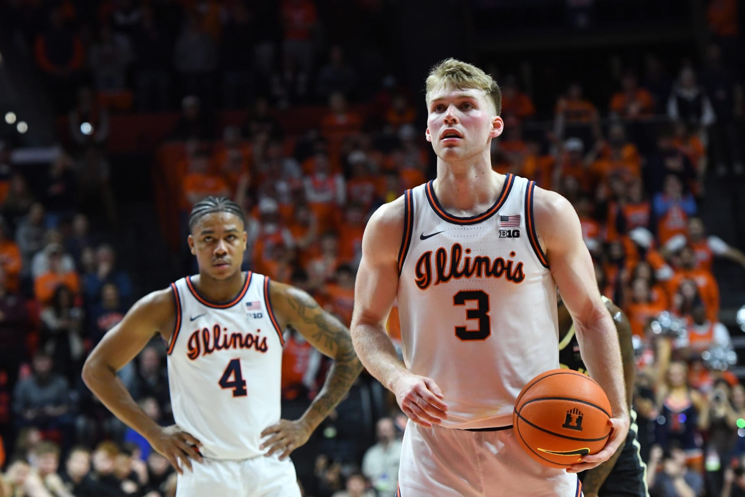 CHAMPAIGN, IL - MARCH 05: Illinois Fighting Illini Guard Marcus Domask (3) pauses during a free throw as teammate against the Purdue Boilermakers as teammate Illini Guard Justin Harmon (4) watches, Tuesday, March 5, 2024, in a Big 10 Conference contest at State Farm Center in Champaign, Illinois. (Photo by David Allio/Icon Sportswire via Getty Images)