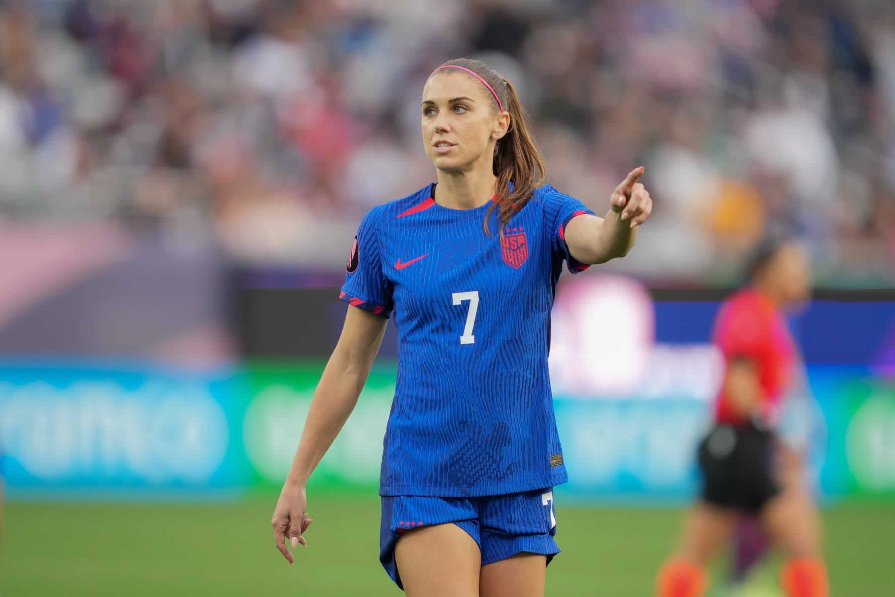 SAN DIEGO, CA - MARCH 10: Alex Morgan #7 of the United States giving directions during a Concacaf W Championship game between Brazil and USWNT at Snapdragon Stadium on March 10, 2024 in San Diego, California. (Photo by John Todd/ISI Photos/Getty Images)
