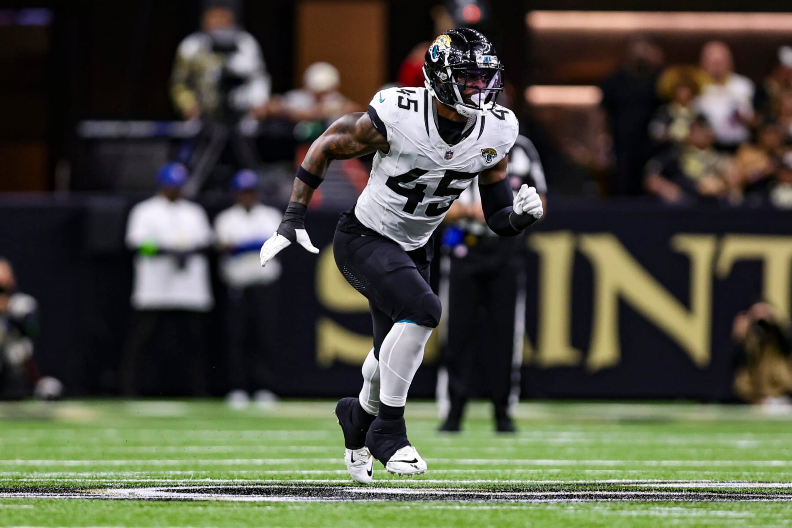NEW ORLEANS, LA - OCTOBER 19: K'Lavon Chaisson #45 of the Jacksonville Jaguars rushes the passer during an NFL football game against the New Orleans Saints at Caesars Superdome on October 19, 2023 in New Orleans, Louisiana. (Photo by Perry Knotts/Getty Images)