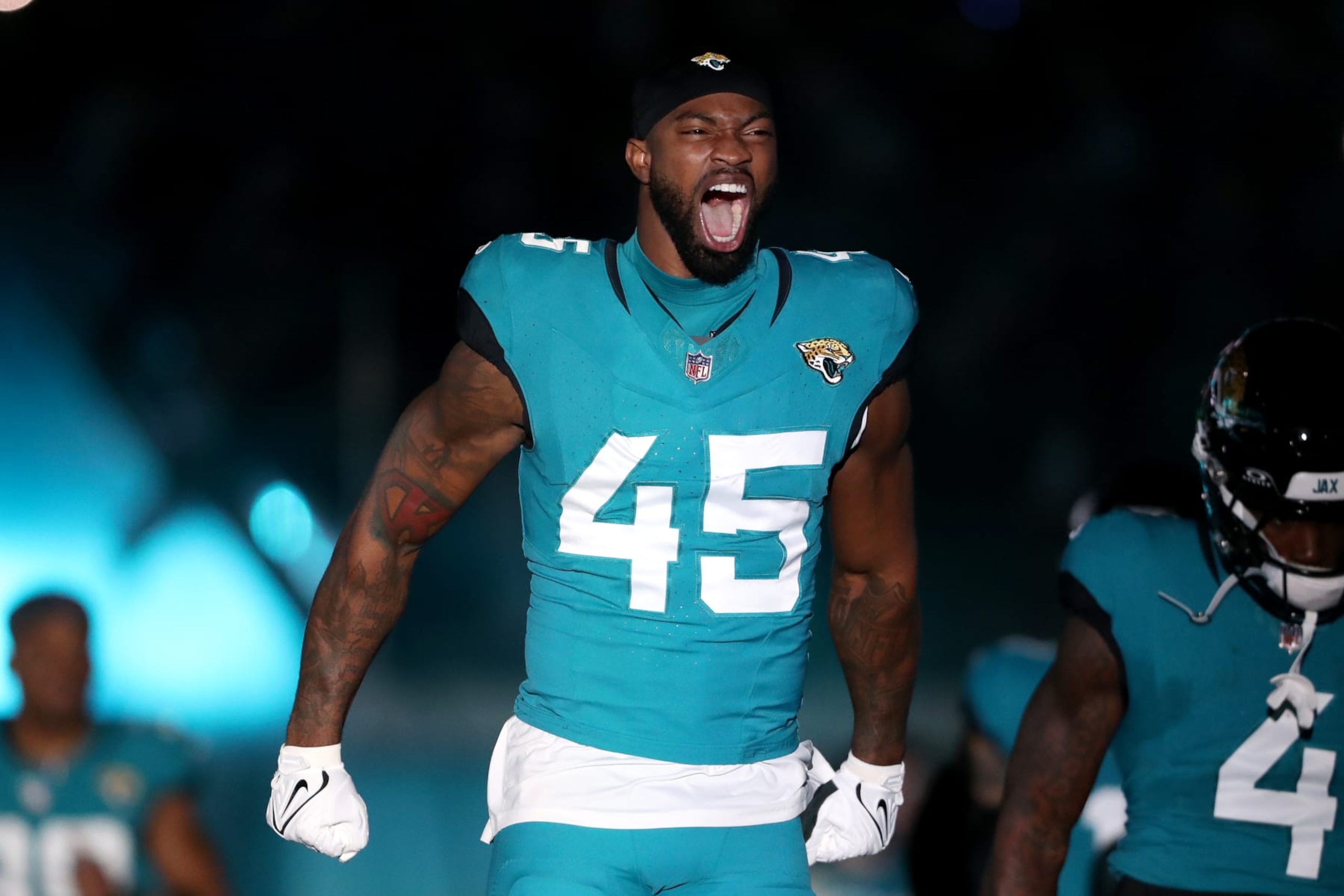 JACKSONVILLE, FLORIDA - DECEMBER 17: K'Lavon Chaisson #45 of the Jacksonville Jaguars takes the field before a game against the Baltimore Ravens at EverBank Stadium on December 17, 2023 in Jacksonville, Florida. (Photo by Courtney Culbreath/Getty Images)