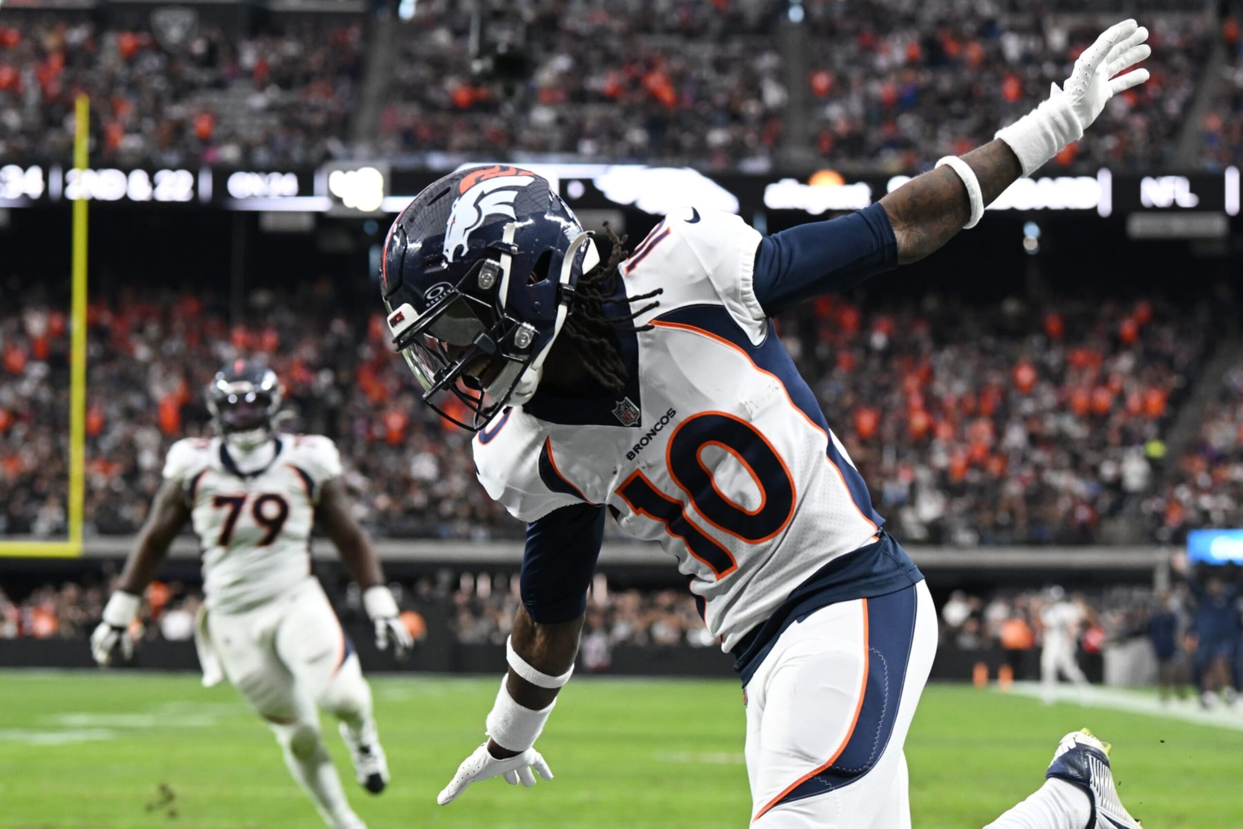 LAS VEGAS, NEVADA - JANUARY 07: Jerry Jeudy #10 of the Denver Broncos celebrates after a touchdown during the second quarter in the game against the Las Vegas Raiders at Allegiant Stadium on January 07, 2024 in Las Vegas, Nevada. (Photo by Candice Ward/Getty Images) LAS VEGAS, NEVADA - JANUARY 07: Jerry Jeudy #10 of the Denver Broncos celebrates after a touchdown during the second quarter in the game against the Las Vegas Raiders at Allegiant Stadium on January 07, 2024 in Las Vegas, Nevada. (Photo by Candice Ward/Getty Images)