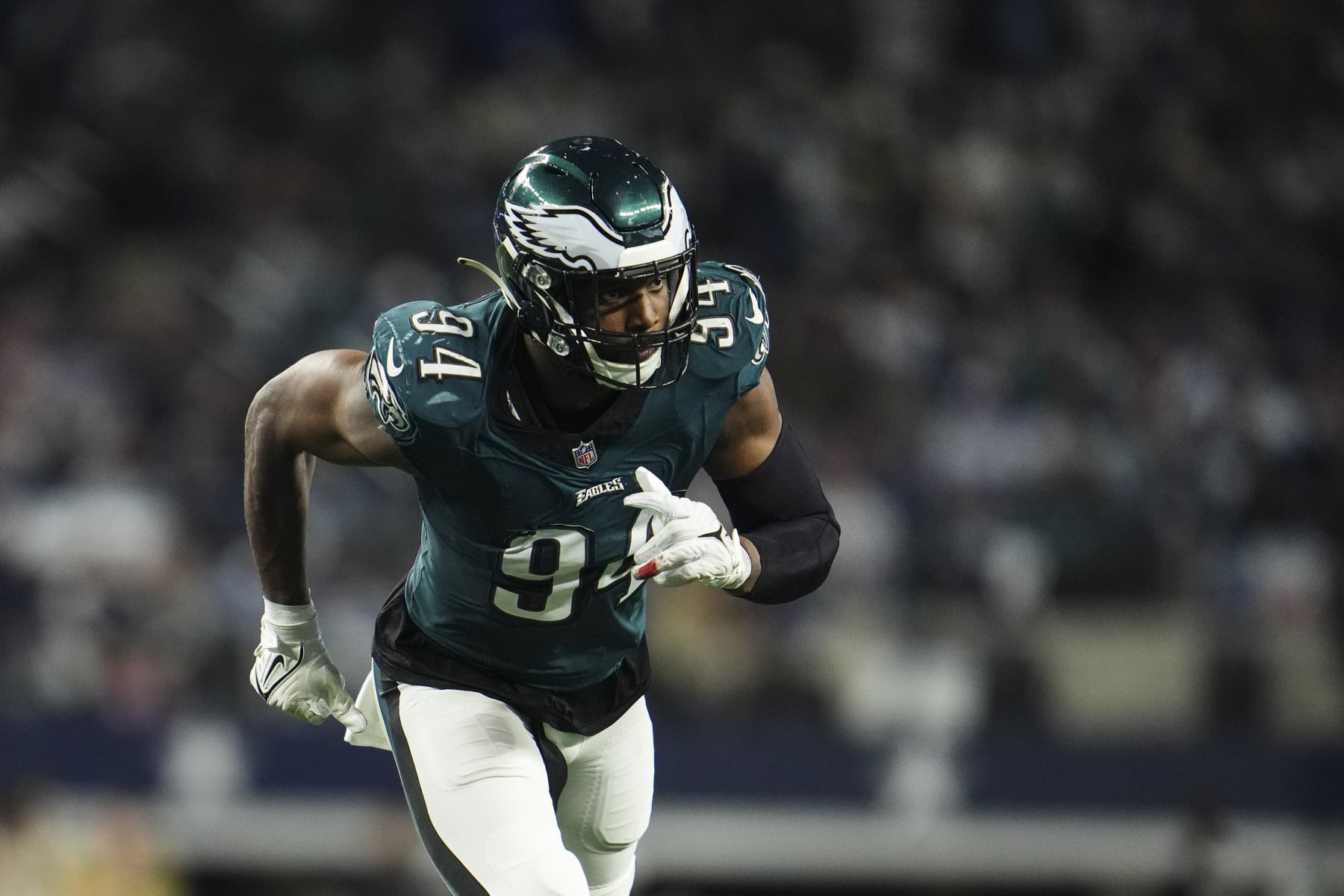 ARLINGTON, TX - DECEMBER 10: Josh Sweat #94 of the Philadelphia Eagles rushes the passer during an NFL football game against the Dallas Cowboys at AT&T Stadium on December 10, 2023 in Arlington, Texas. (Photo by Cooper Neill/Getty Images)