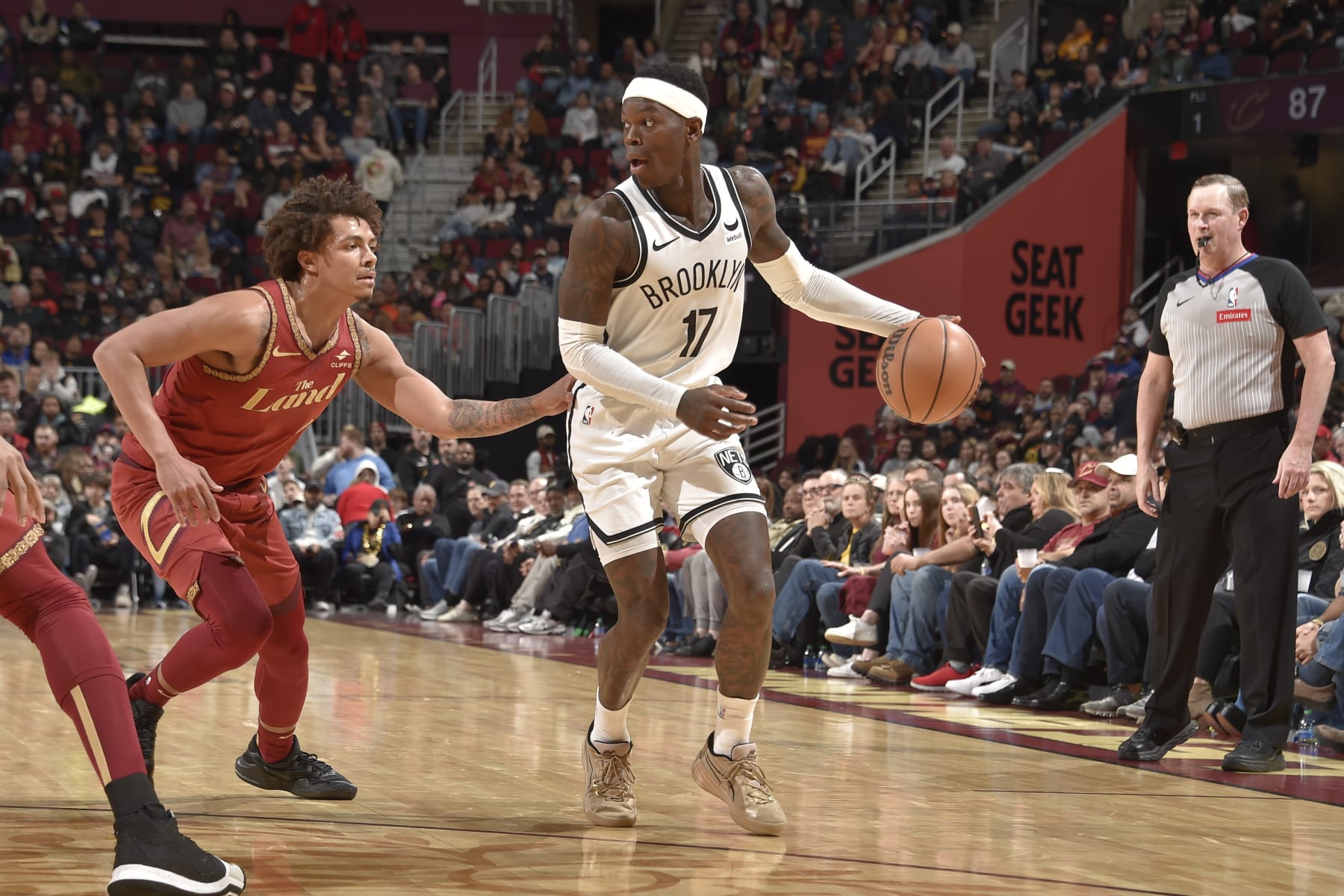 CLEVELAND, OH - MARCH 10: Dennis Schroder #17 of the Brooklyn Nets dribbles the ball during the game against the Cleveland Cavaliers on March 10, 2024 at Rocket Mortgage FieldHouse in Cleveland, Ohio. NOTE TO USER: User expressly acknowledges and agrees that, by downloading and/or using this Photograph, user is consenting to the terms and conditions of the Getty Images License Agreement. Mandatory Copyright Notice: Copyright 2024 NBAE (Photo by David Liam Kyle/NBAE via Getty Images)