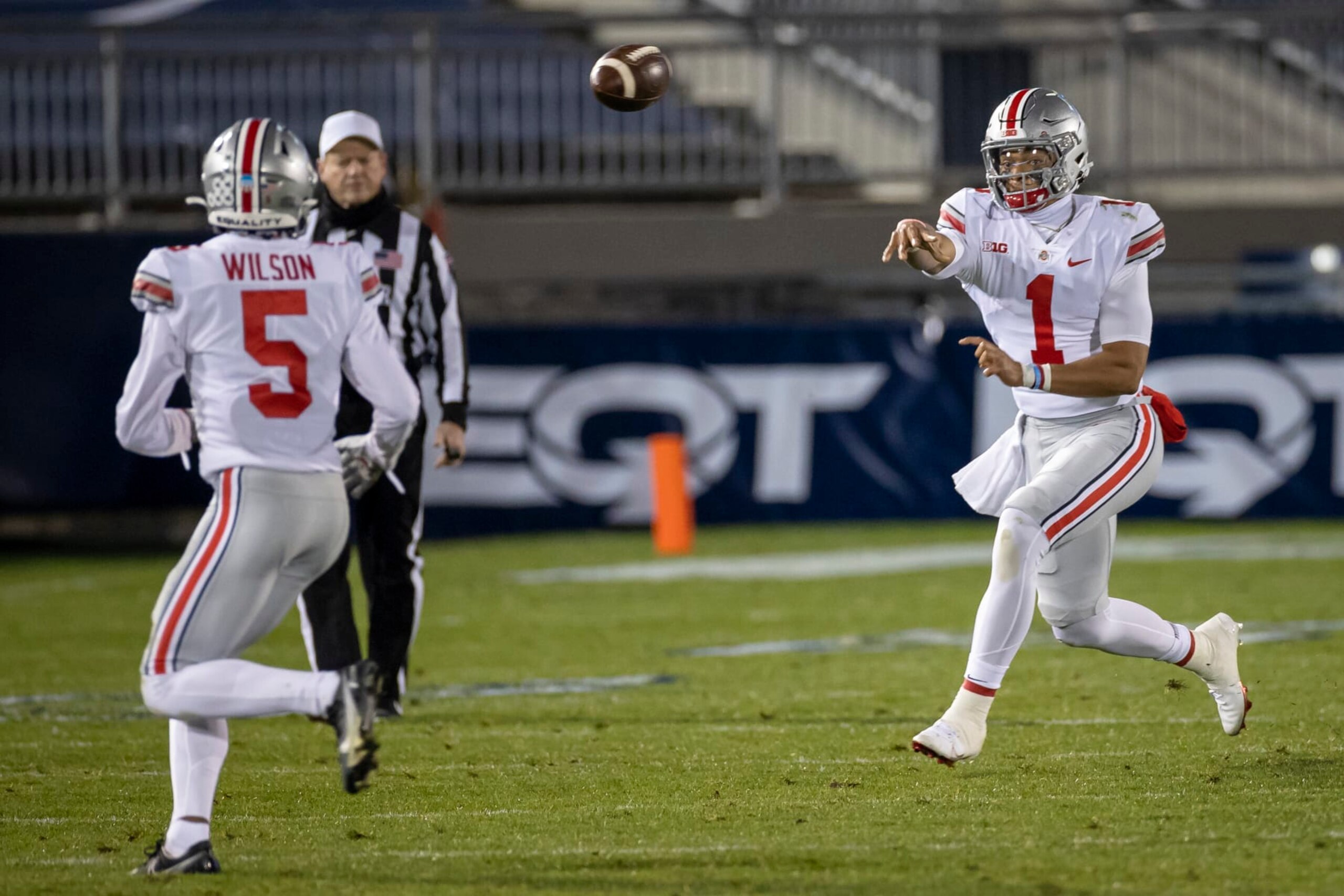 STATE COLLEGE, PA - OCTOBER 31: Justin Fields #1 of the Ohio State Buckeyes throws a pass to Jahan Dotson #5 during the first half of the game against the Penn State Nittany Lions at Beaver Stadium on October 31, 2020 in State College, Pennsylvania. (Photo by Scott Taetsch/Getty Images) STATE COLLEGE, PA - OCTOBER 31: Justin Fields #1 of the Ohio State Buckeyes throws a pass to Jahan Dotson #5 during the first half of the game against the Penn State Nittany Lions at Beaver Stadium on October 31, 2020 in State College, Pennsylvania. (Photo by Scott Taetsch/Getty Images)