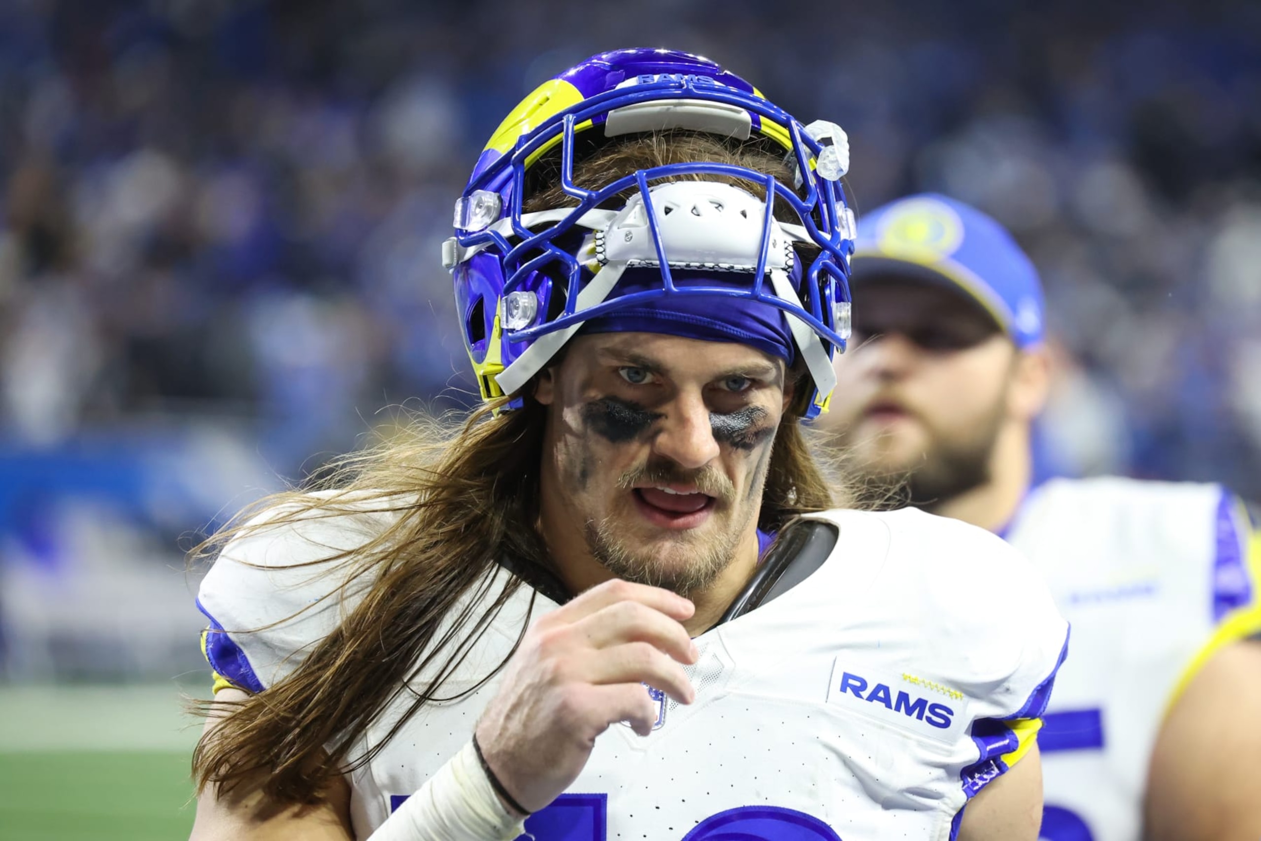 DETROIT, MI - JANUARY 14:  Los Angeles Rams linebacker Christian Rozeboom (56) walks off of the field at the conclusion of an NFL NFC Wild Card playoff football game between the Los Angeles Rams and the Detroit Lions on January 14, 2024 at Ford Field in Detroit, Michigan.  (Photo by Scott W. Grau/Icon Sportswire via Getty Images)