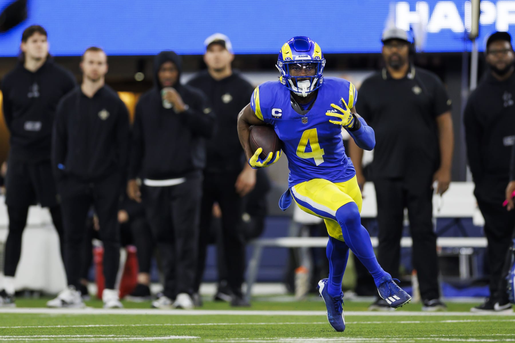 INGLEWOOD, CA - DECEMBER 21: Jordan Fuller #4 of the Los Angeles Rams runs back an interception during an NFL game against the New Orleans Saints at SoFi Stadium on December 21, 2023 in Inglewood, California. (Photo by Ryan Kang/Getty Images) INGLEWOOD, CA - DECEMBER 21: Jordan Fuller #4 of the Los Angeles Rams runs back an interception during an NFL game against the New Orleans Saints at SoFi Stadium on December 21, 2023 in Inglewood, California. (Photo by Ryan Kang/Getty Images)