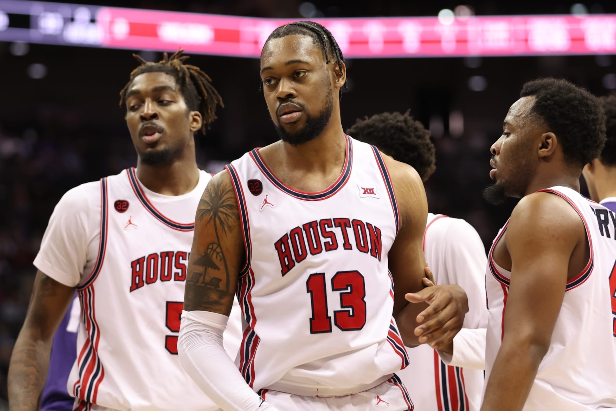 KANSAS CITY, MO - MARCH 14: Houston Cougars forward J'Wan Roberts (13) in the second half of a Big 12 tournament quarterfinal game between the TCU Horned Frogs and Houston Cougars on Mar 14, 2024 at T-Mobile Center in Kansas City, MO. (Photo by Scott Winters/Icon Sportswire via Getty Images)