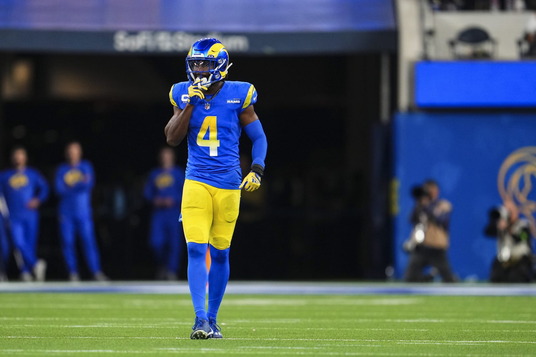 INGLEWOOD, CA - DECEMBER 21: Jordan Fuller #4 of the Los Angeles Rams looks on from the field during an NFL football game against the New Orleans Saints at SoFi Stadium on December 21, 2023 in Inglewood, California. (Photo by Cooper Neill/Getty Images)