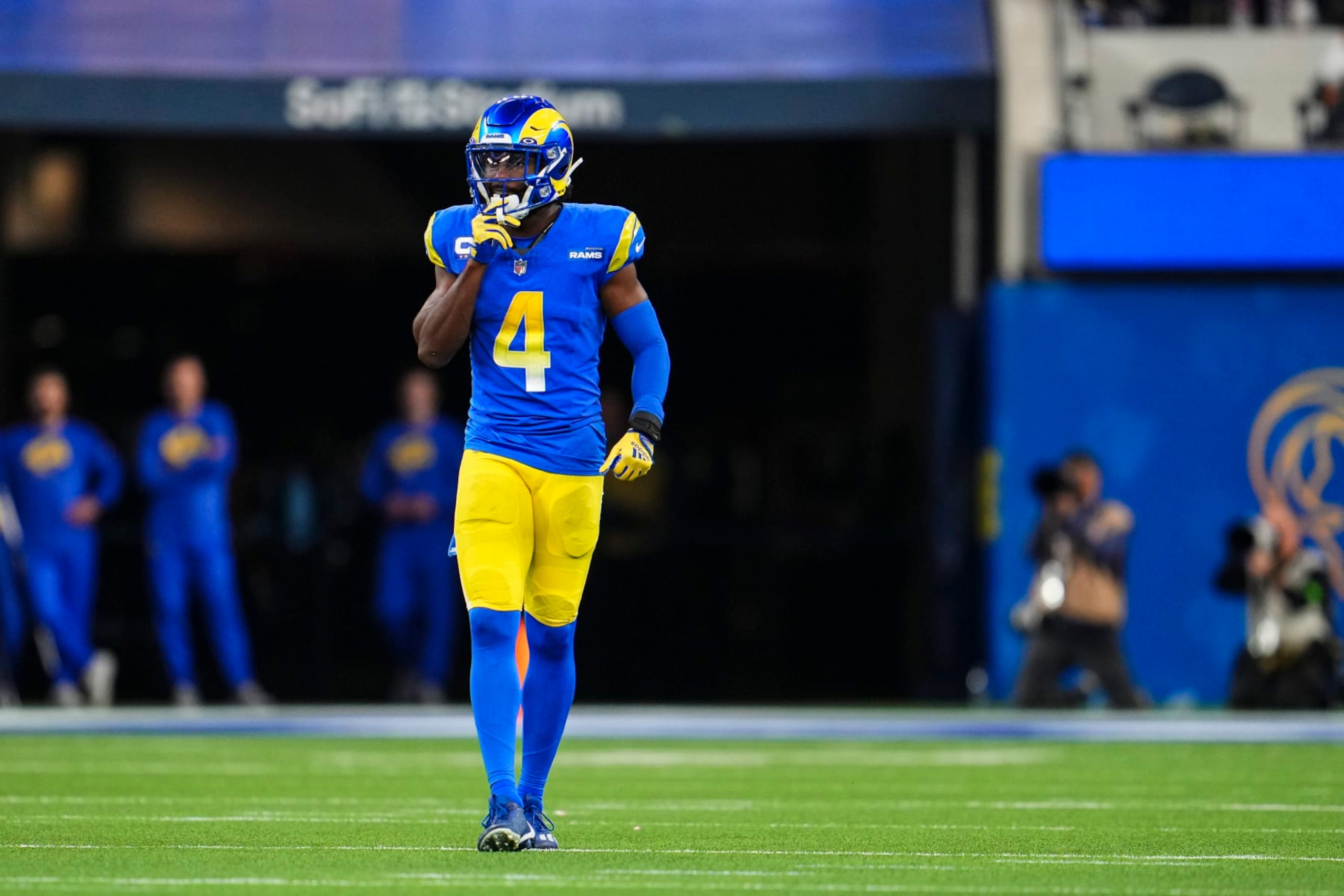 INGLEWOOD, CA - DECEMBER 21: Jordan Fuller #4 of the Los Angeles Rams looks on from the field during an NFL football game against the New Orleans Saints at SoFi Stadium on December 21, 2023 in Inglewood, California. (Photo by Cooper Neill/Getty Images)