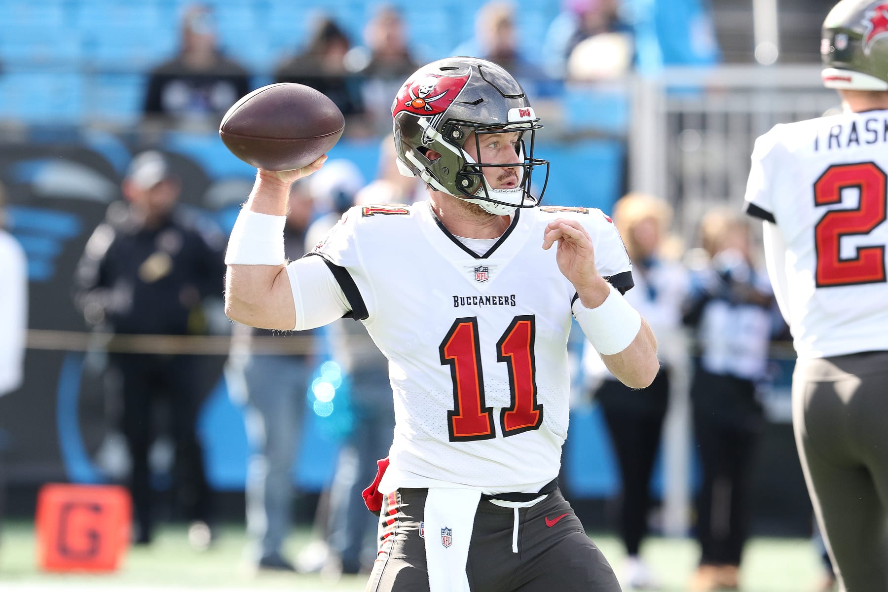 CHARLOTTE, NC - JANUARY 07: Tampa Bay Buccaneers quarterback John Wolford (11) during an NFL football game between the Tampa Bay Buccaneers and the Carolina Panthers on January 7, 2024 at Bank of America Stadium in Charlotte, N.C. (Photo by John Byrum/Icon Sportswire via Getty Images) CHARLOTTE, NC - JANUARY 07: Tampa Bay Buccaneers quarterback John Wolford (11) during an NFL football game between the Tampa Bay Buccaneers and the Carolina Panthers on January 7, 2024 at Bank of America Stadium in Charlotte, N.C. (Photo by John Byrum/Icon Sportswire via Getty Images)