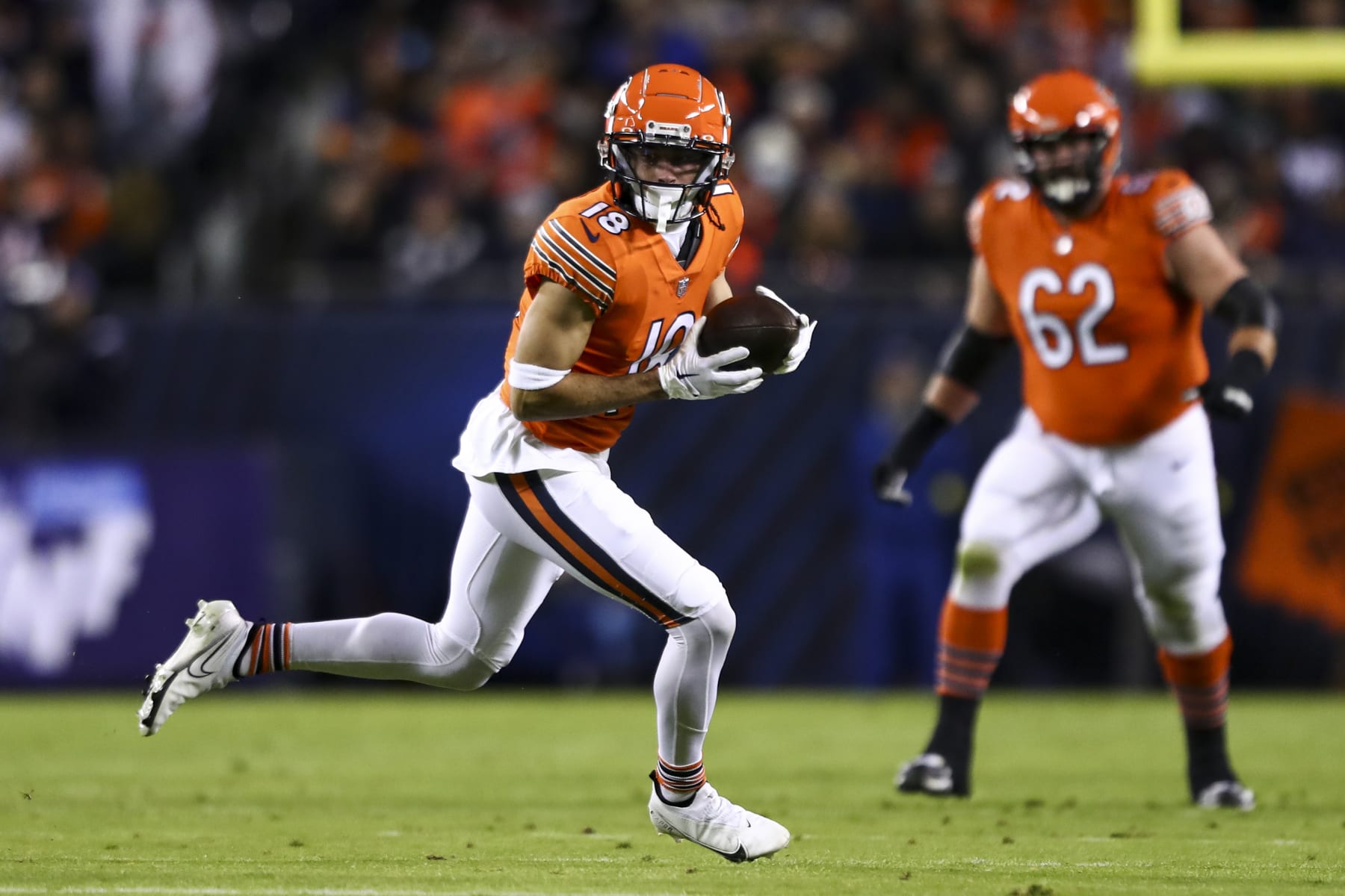 CHICAGO, IL - OCTOBER 13: Dante Pettis #18 of the Chicago Bears carries the ball during an NFL football game against the Washington Commanders at Soldier Field on October 13, 2022 in Chicago, Illinois. (Photo by Kevin Sabitus/Getty Images) CHICAGO, IL - OCTOBER 13: Dante Pettis #18 of the Chicago Bears carries the ball during an NFL football game against the Washington Commanders at Soldier Field on October 13, 2022 in Chicago, Illinois. (Photo by Kevin Sabitus/Getty Images)