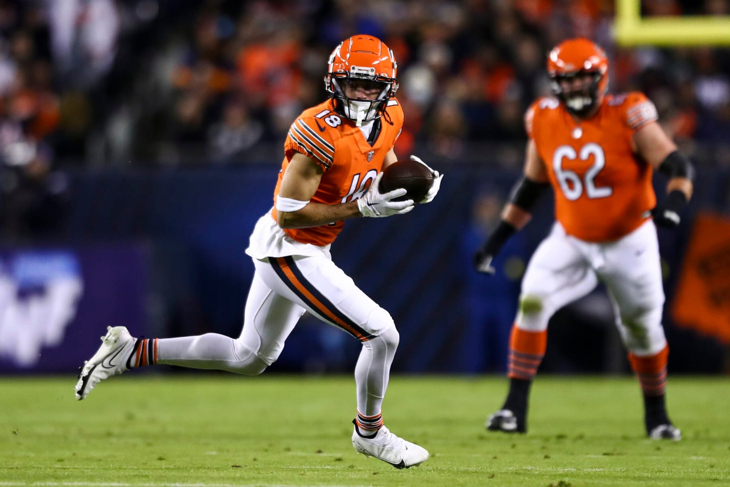 CHICAGO, IL - OCTOBER 13: Dante Pettis #18 of the Chicago Bears carries the ball during an NFL football game against the Washington Commanders at Soldier Field on October 13, 2022 in Chicago, Illinois. (Photo by Kevin Sabitus/Getty Images)