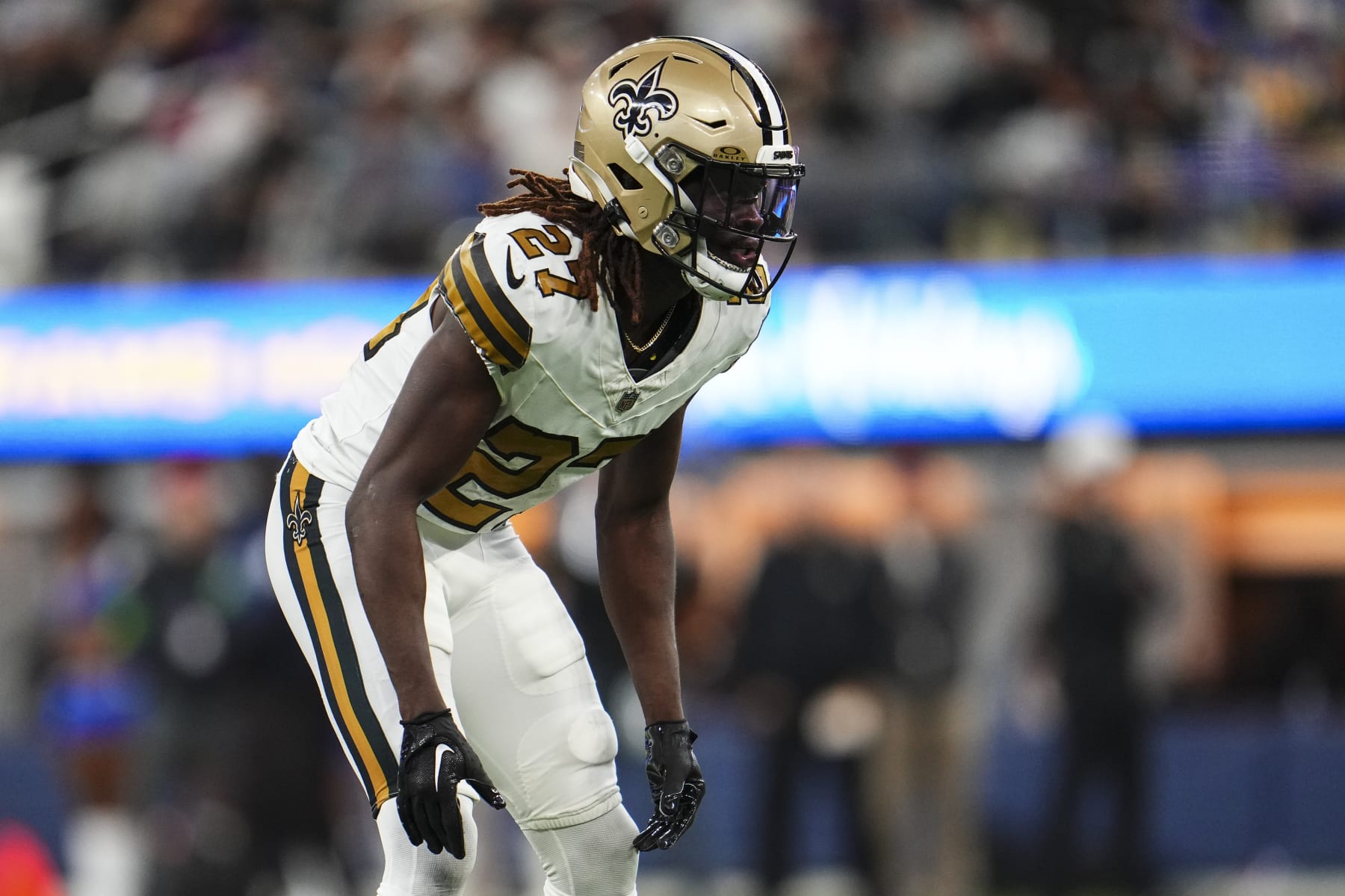 INGLEWOOD, CA - DECEMBER 21: Isaac Yiadom #27 of the New Orleans Saints defends in coverage during an NFL football game against the Los Angeles Rams at SoFi Stadium on December 21, 2023 in Inglewood, California. (Photo by Cooper Neill/Getty Images) INGLEWOOD, CA - DECEMBER 21: Isaac Yiadom #27 of the New Orleans Saints defends in coverage during an NFL football game against the Los Angeles Rams at SoFi Stadium on December 21, 2023 in Inglewood, California. (Photo by Cooper Neill/Getty Images)