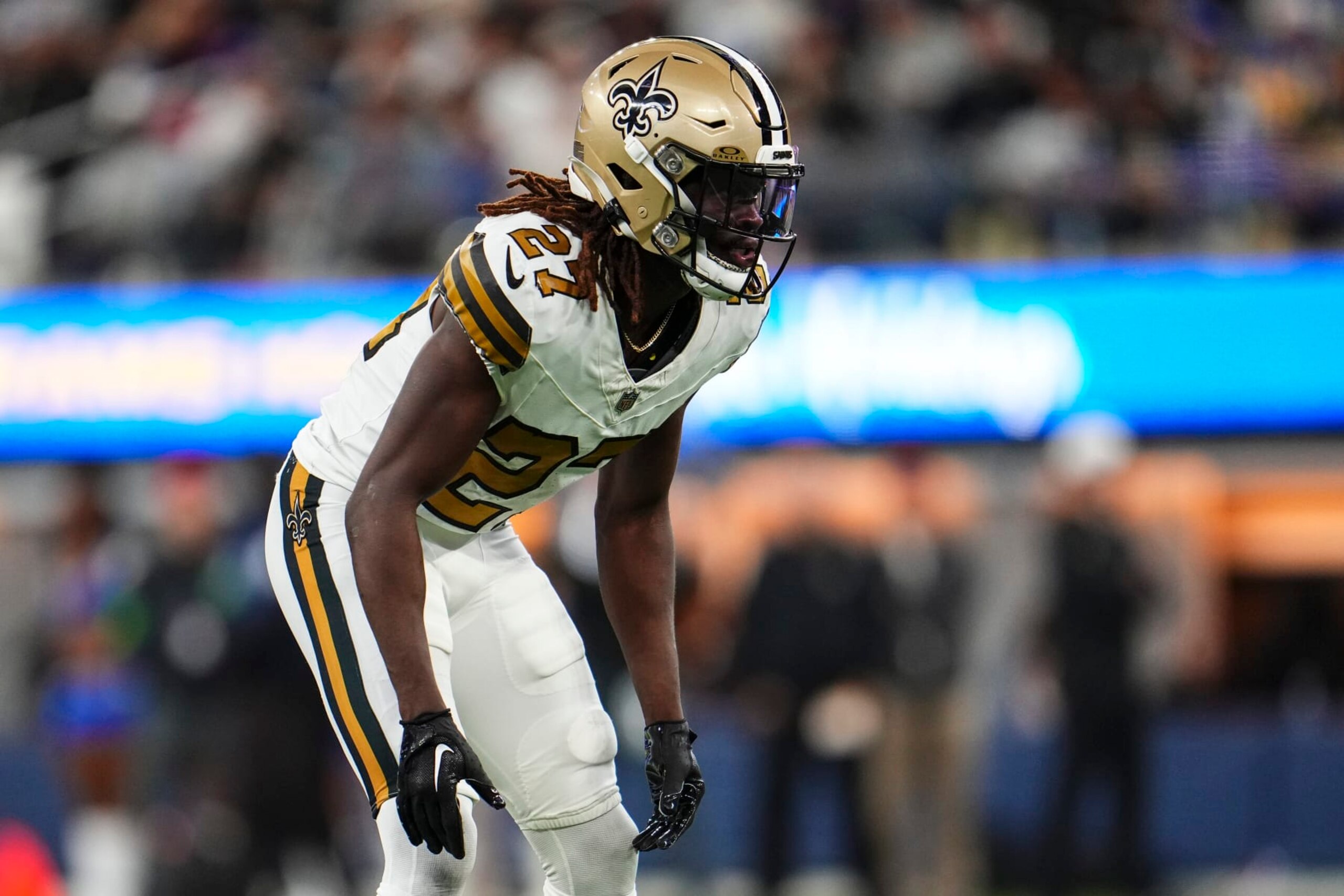 INGLEWOOD, CA - DECEMBER 21: Isaac Yiadom #27 of the New Orleans Saints defends in coverage during an NFL football game against the Los Angeles Rams at SoFi Stadium on December 21, 2023 in Inglewood, California. (Photo by Cooper Neill/Getty Images)