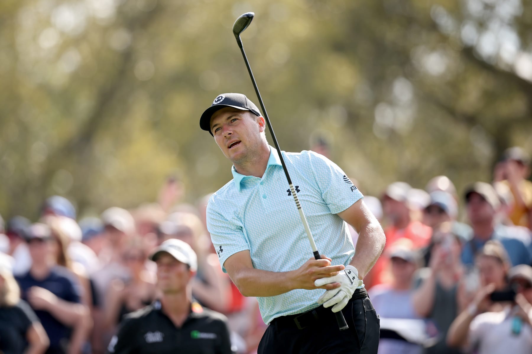 PONTE VEDRA BEACH, FLORIDA - MARCH 15: Jordan Spieth of the United States plays his shot from the tenth tee during the second round of THE PLAYERS Championship on the Stadium Course at TPC Sawgrass on March 15, 2024 in Ponte Vedra Beach, Florida. (Photo by Jared C. Tilton/Getty Images)
