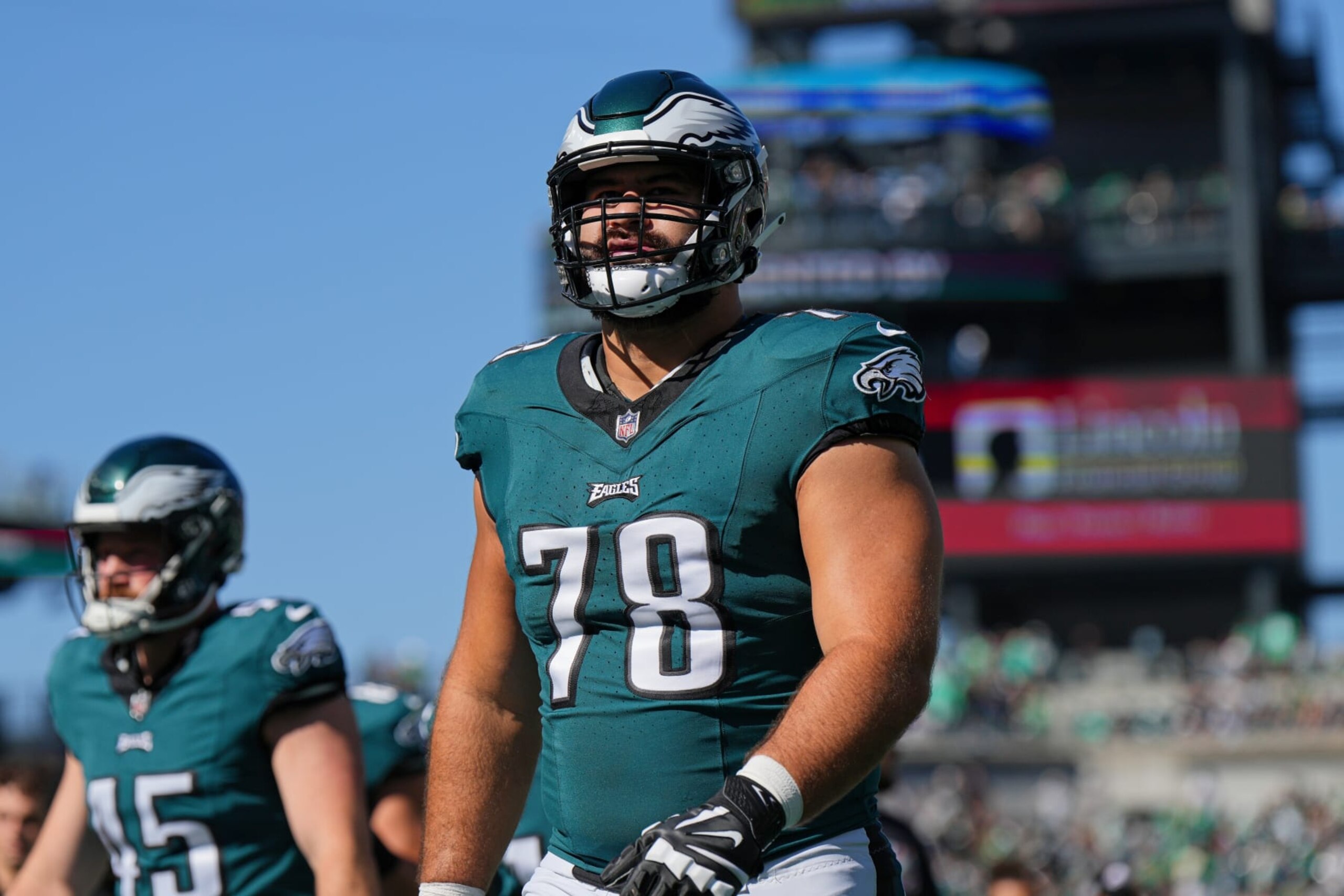 PHILADELPHIA, PA - OCTOBER 01: Philadelphia Eagles guard Sua Opeta (78) looks on during the game between the Philadelphia Eagles and the Washington Commanders on October 1, 2023, at Lincoln Financial Field. (Photo by Andy Lewis/Icon Sportswire via Getty Images)