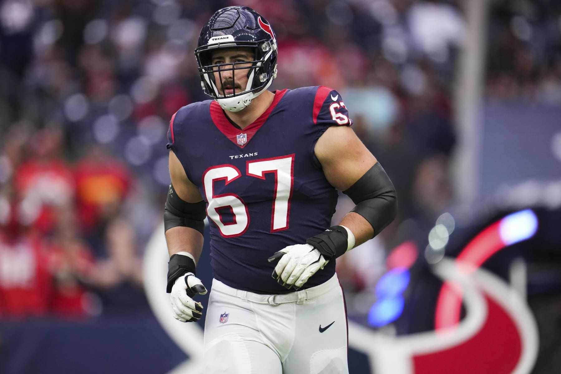 HOUSTON, TX - DECEMBER 18: Charlie Heck #67 of the Houston Texans runs onto the field during introductions against the Kansas City Chiefs at NRG Stadium on December 18, 2022 in Houston, Texas. (Photo by Cooper Neill/Getty Images) HOUSTON, TX - DECEMBER 18: Charlie Heck #67 of the Houston Texans runs onto the field during introductions against the Kansas City Chiefs at NRG Stadium on December 18, 2022 in Houston, Texas. (Photo by Cooper Neill/Getty Images)