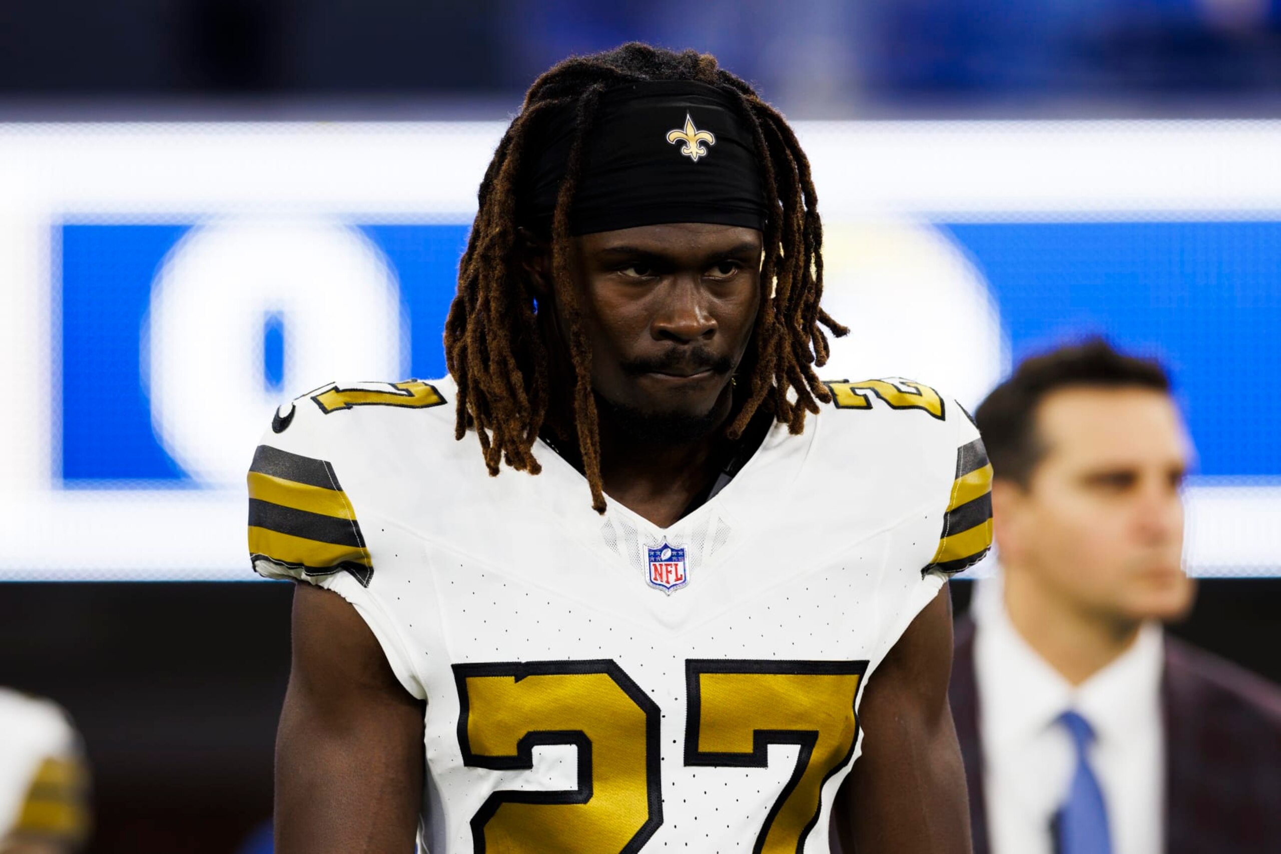INGLEWOOD, CALIFORNIA - DECEMBER 21: Isaac Yiadom #27 of the New Orleans Saints on the sideline during a game against the Los Angeles Rams at SoFi Stadium on December 21, 2023 in Inglewood, California. (Photo by Ric Tapia/Getty Images)